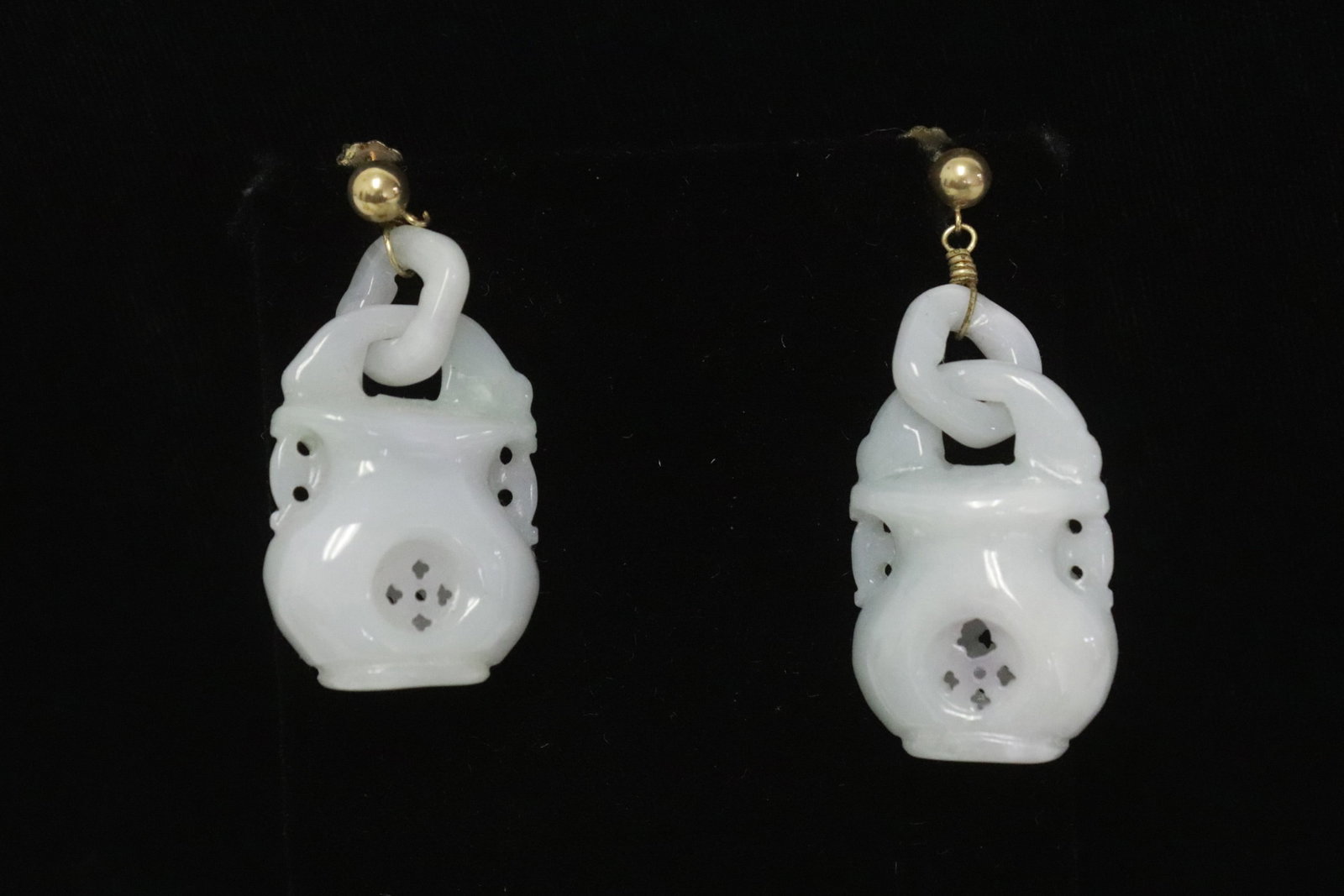 Pair jadeite carved earrings w/ gold filled post: Pair unusual jadeite (1.4"x0.83"x0.4" ea) carved earrings in the form of flower pot with gold filled post