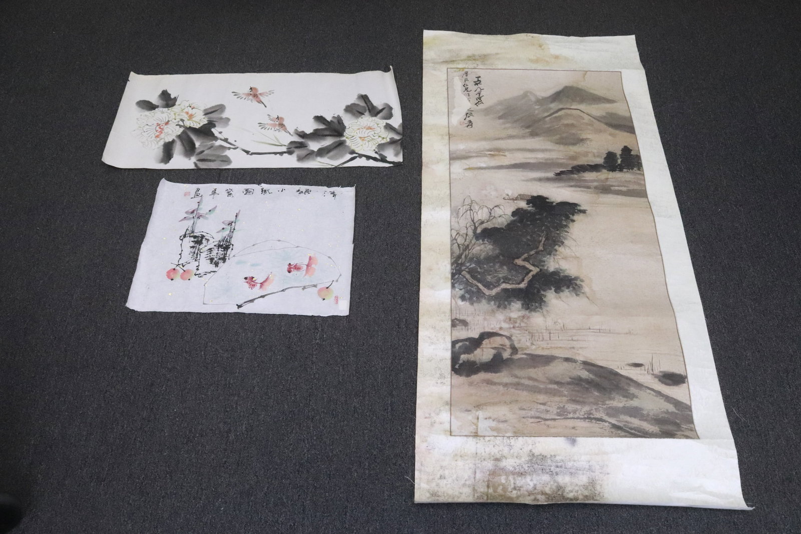 3 Chinese watercolor paintings: 3 Chinese watercolor paintings, 12.8"x17.15" - 38.3"x16.8"