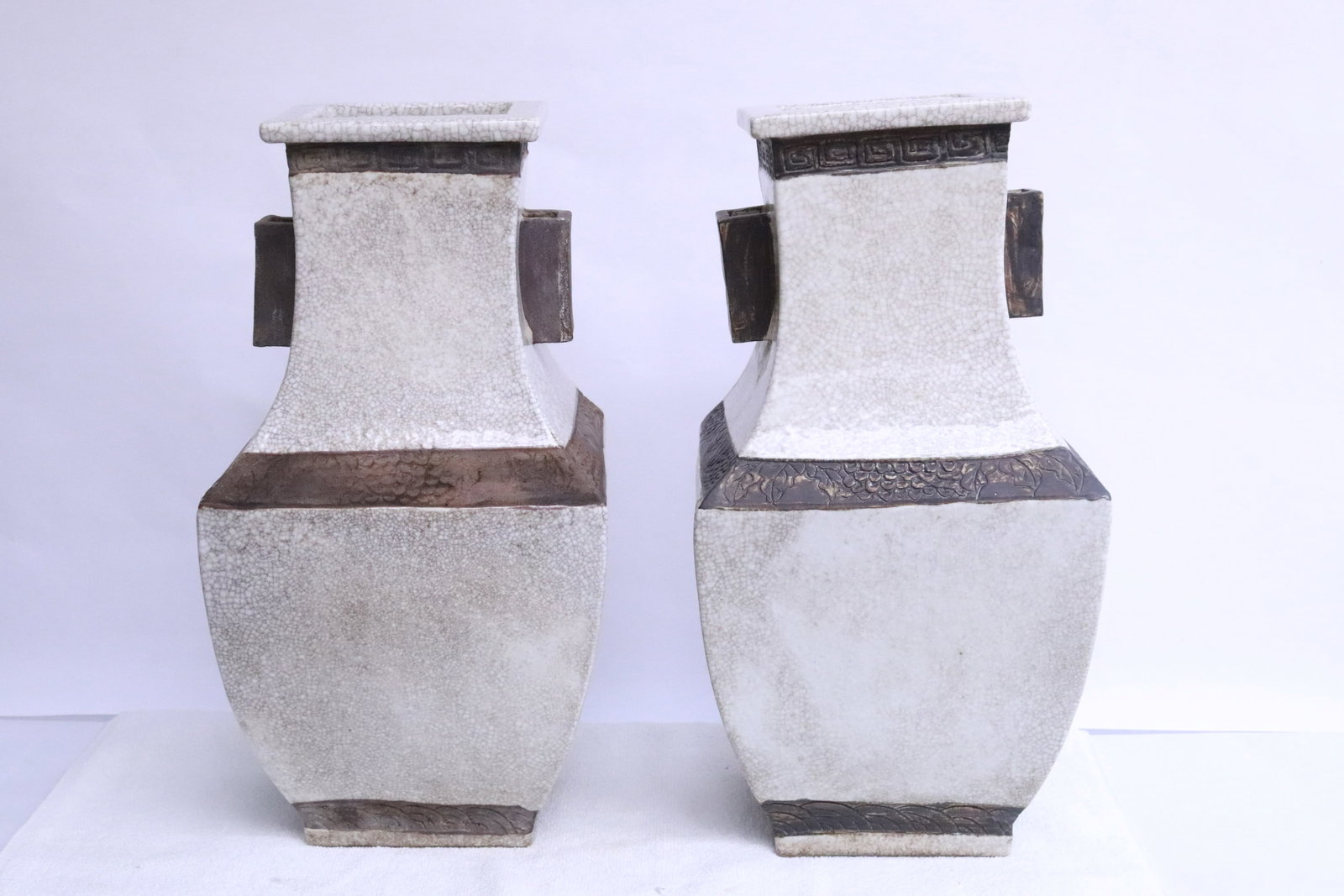 Pair Chinese crackleware porcelain vases: Pair Chinese crackleware porcelain vases, 14.7"x7.35"x6.15" ea