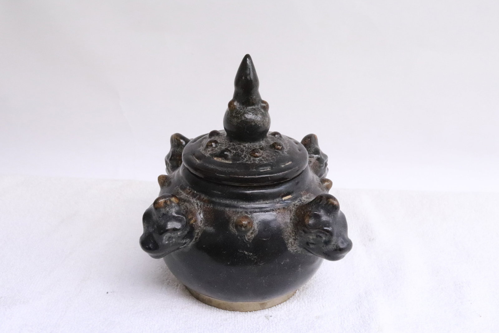 Unusual brown glazed handled covered censer: Unusual brown glazed handled covered censer, 6.6"x6.9"x6.9"