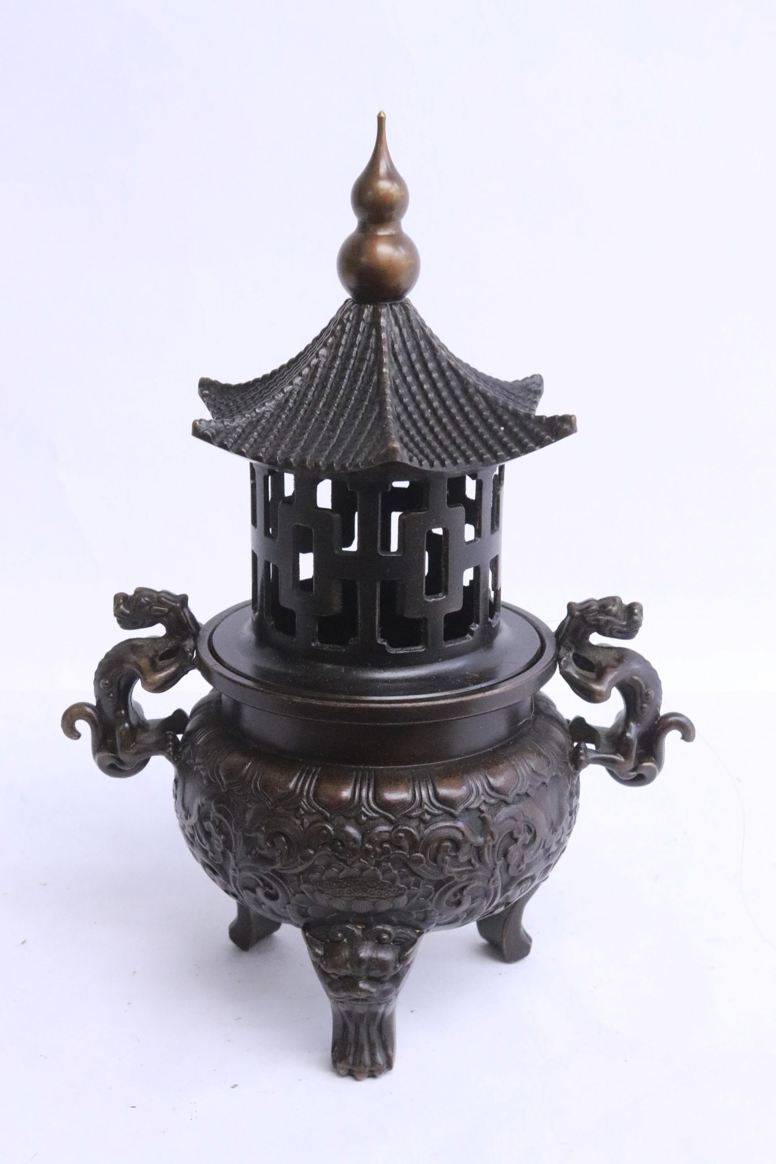 Unusual bronze censer with temple motif: Unusual bronze censer with temple motif, 7.8"x5.6"x3.6"