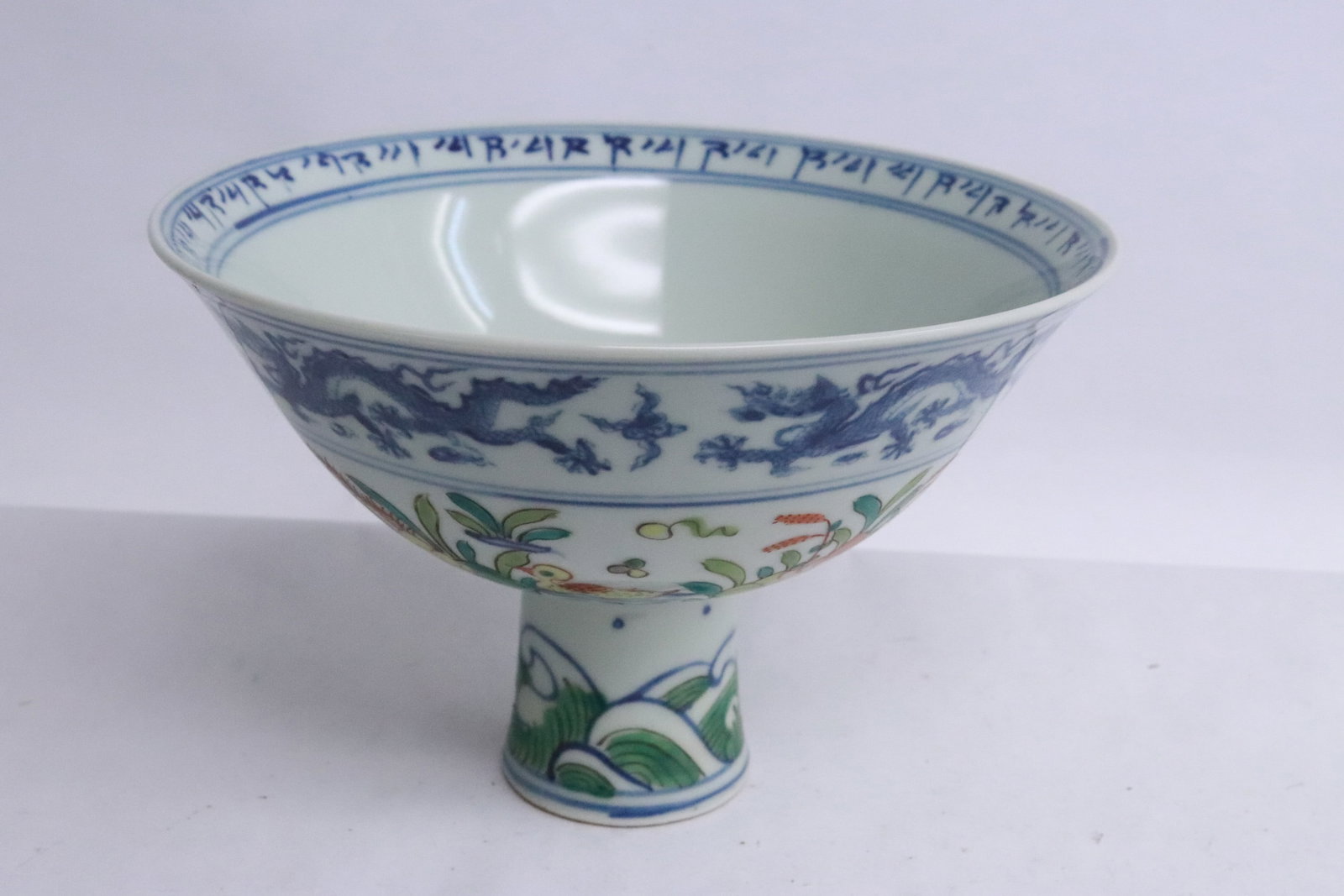 Fine Chinese doucai porcelain stem bowl: Fine Chinese doucai porcelain stem bowl, 4.4"x6.7"dia