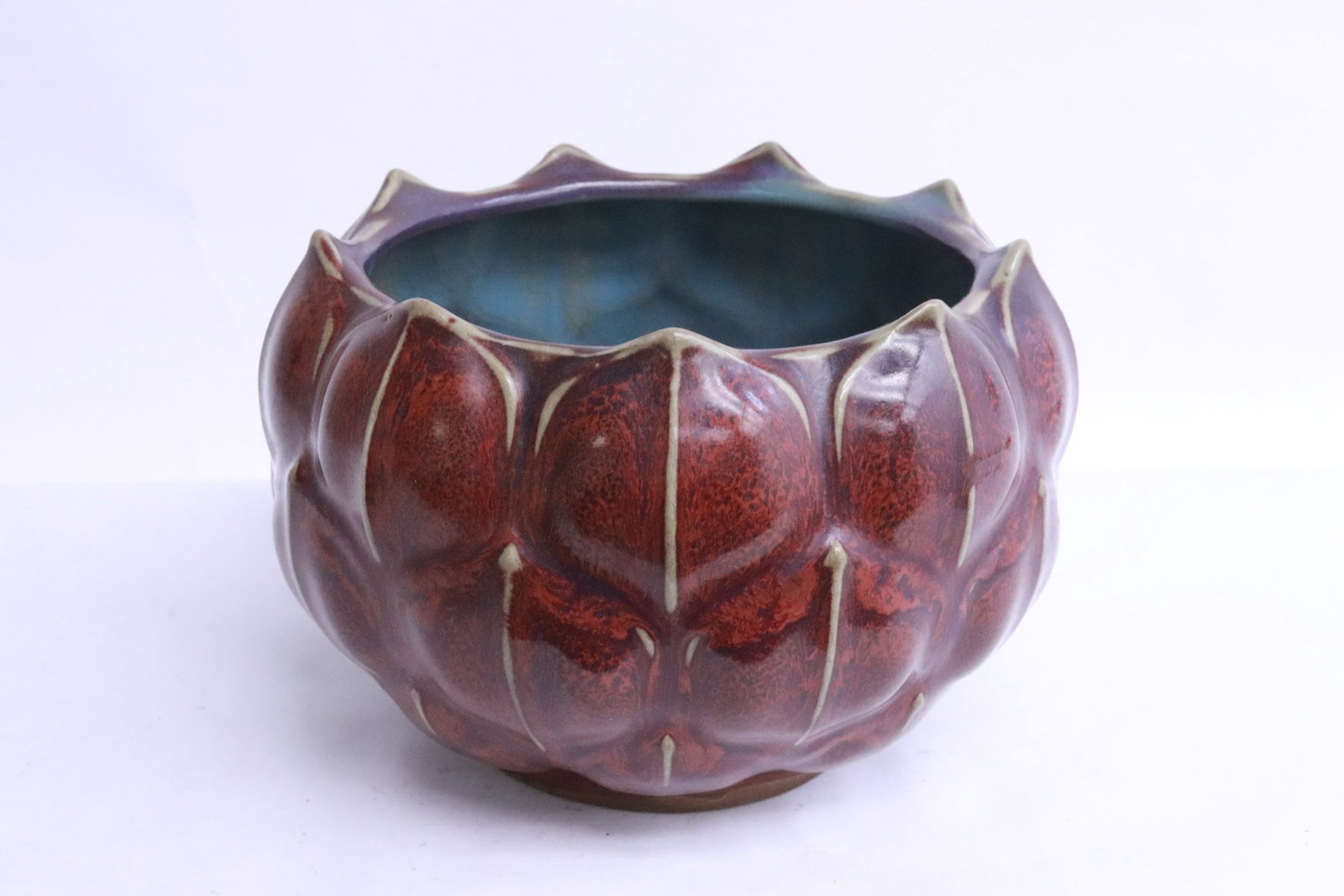A fine purple glazed porcelain censer: A fine purple glazed porcelain censer in the form of lotus flower, 4.8"x7.15"dia