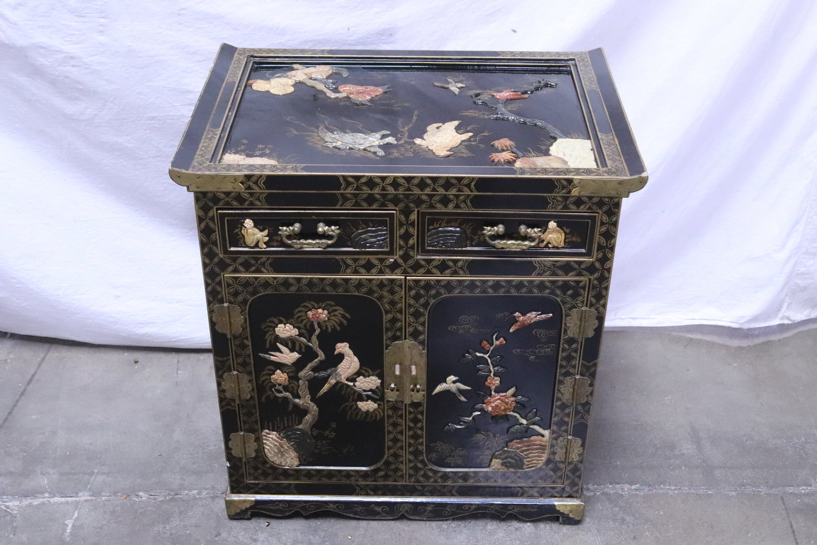 Chinese lacquer wood small cabinet w/ stone overlay (1 of 7)