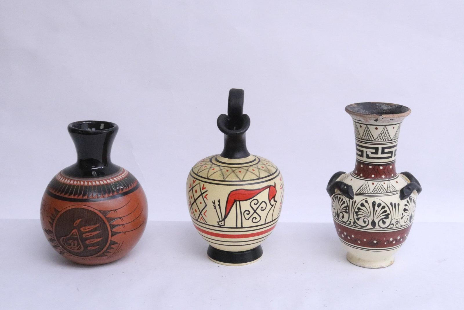 3 signed navajo pottery vases: 3 signed navajo pottery vases, 5.2"x4"dia - 6.35"x3.8"dia
