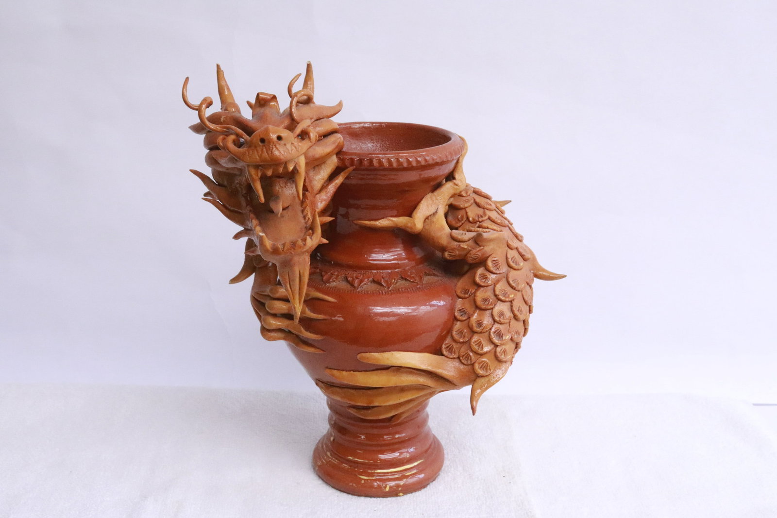 Very fine wood carved vase: Very fine wood carved vase with dragon motif decoration, 10.3"x8.2"x8.5"