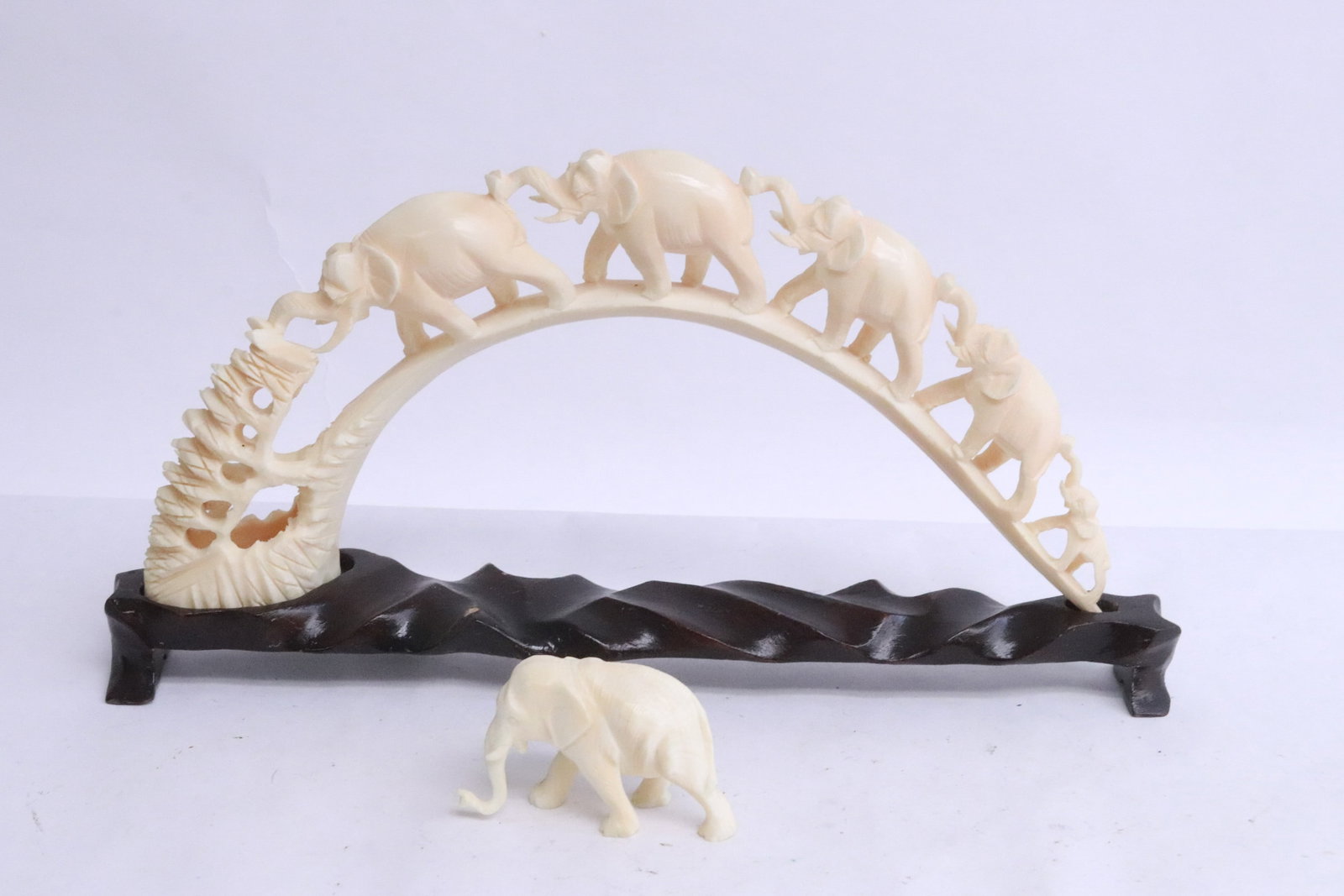 Bone carved elephant, & bone like elephant bridge: Bone carved elephant (1.3"H), and bone like elephant bridge (12.8"L)