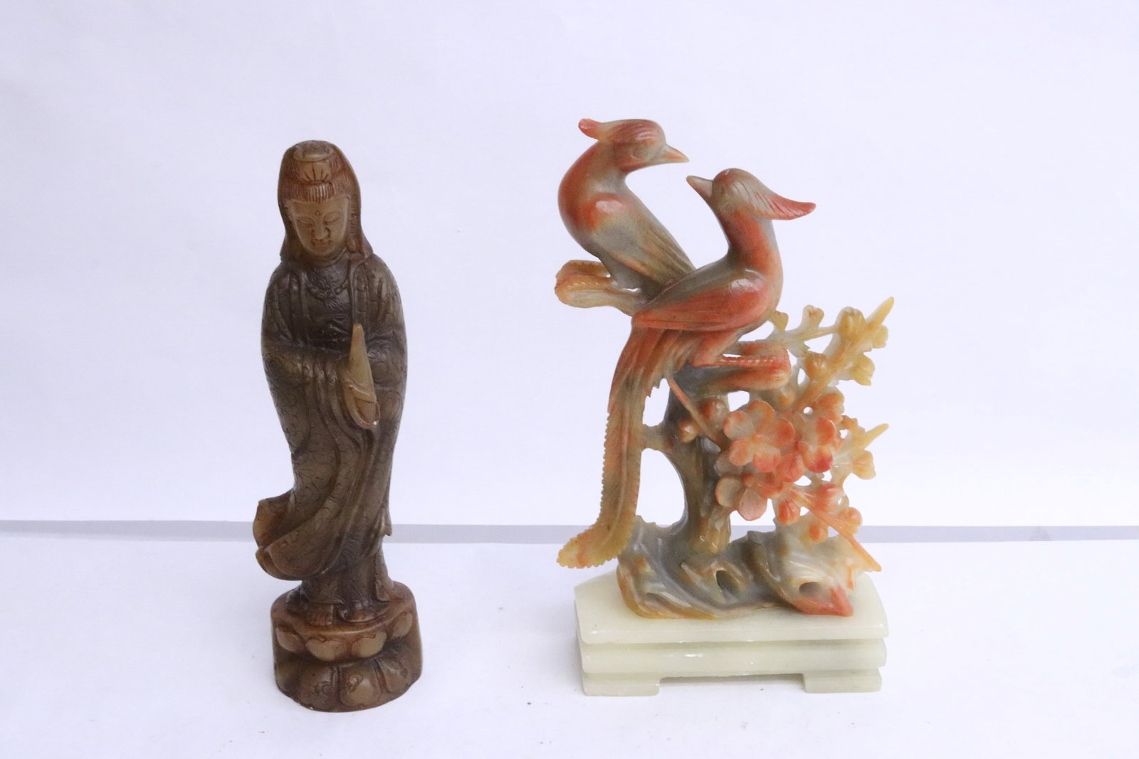 2 soapstone carved pieces: Soapstone carved Guanyin (7.4"H), and soapstone carved bird group (7.65"H)
