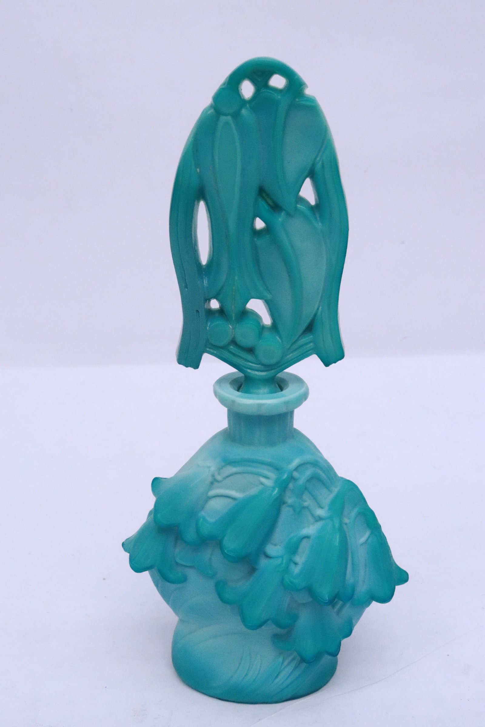 A vintage Czech malachite glass perfume bottle: A vintage Czech malachite glass perfume bottle, 8.2"x2.6"x3.85"