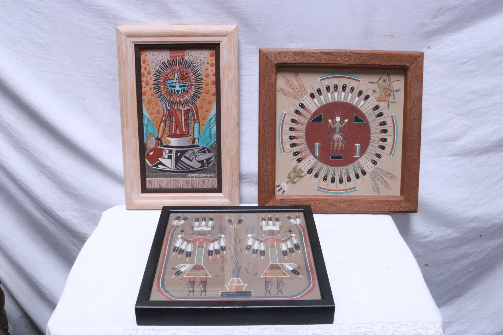 3 Indian sand paintings: 3 Indian sand paintings, 12.6"x6.5" (F:16.6"x10.65"x1") - 11.6"x11.6" (F:14.7"x14.7"x1.65")
