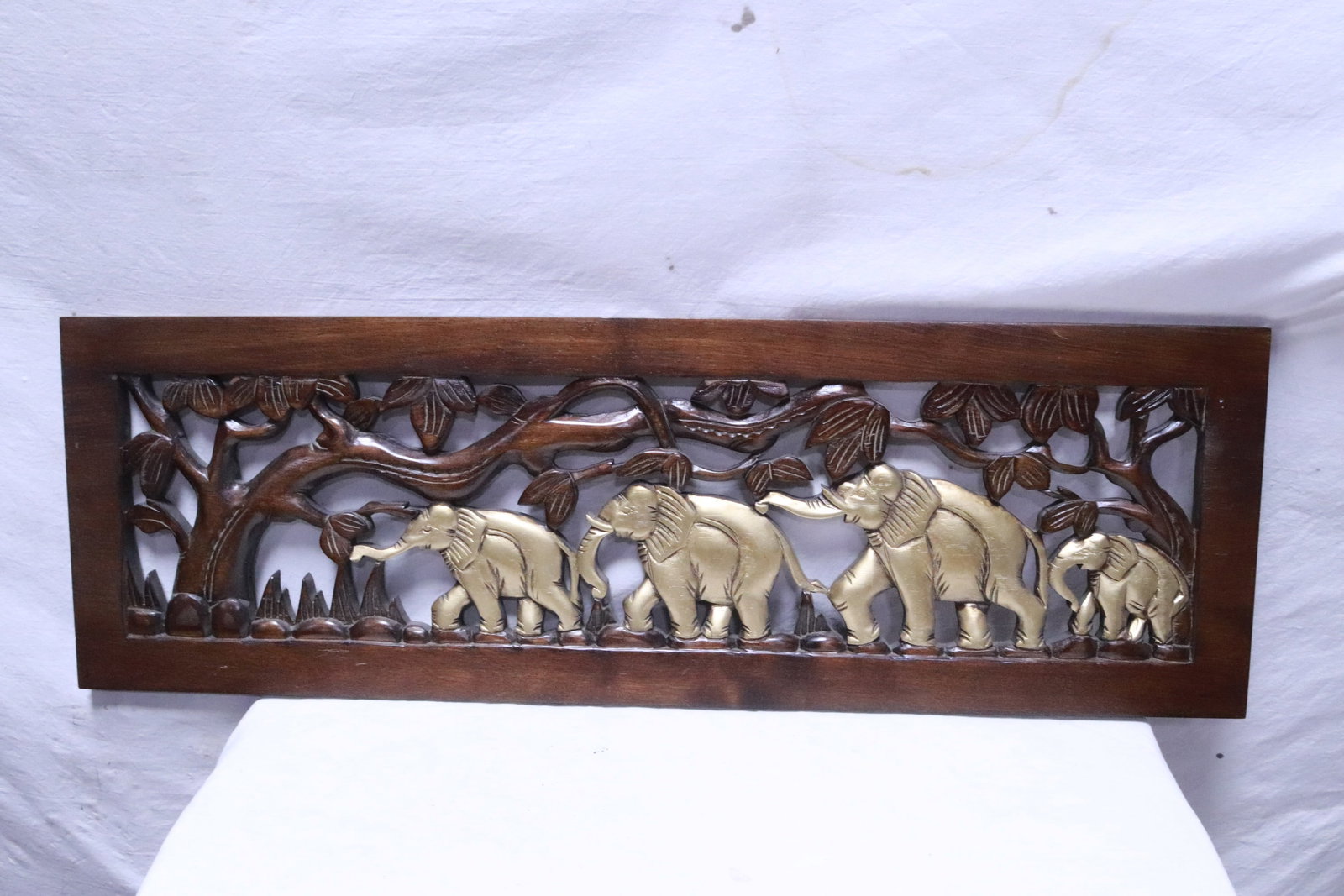 Wood carved wall panel with elephant: Wood carved wall panel with elephant, 11.3"x34.9"x0.8"