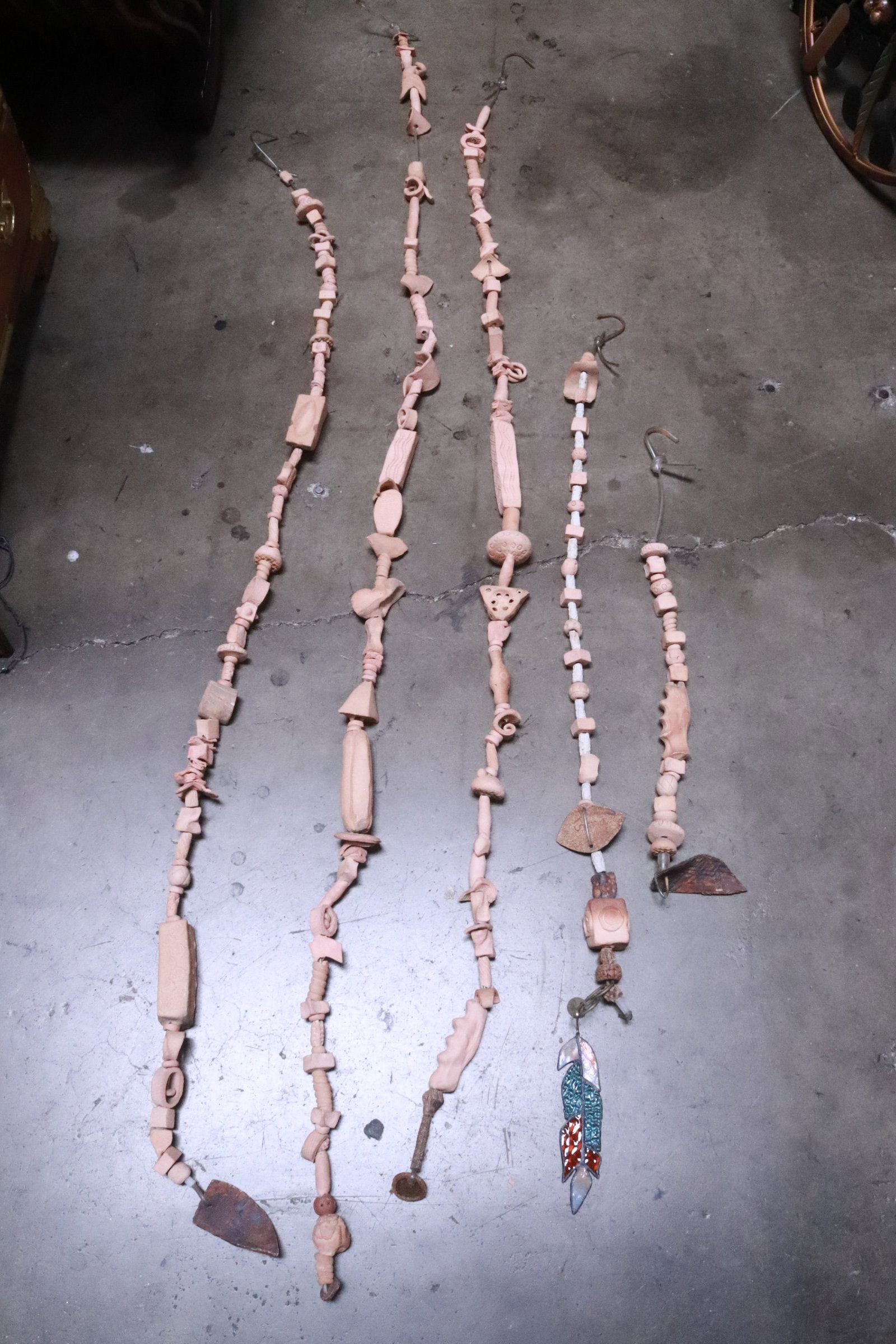 4 long terracotta beads garden hanging ornaments: 4 long terracotta beads garden hanging ornaments, probably wind chimes, 22"L - 70"L