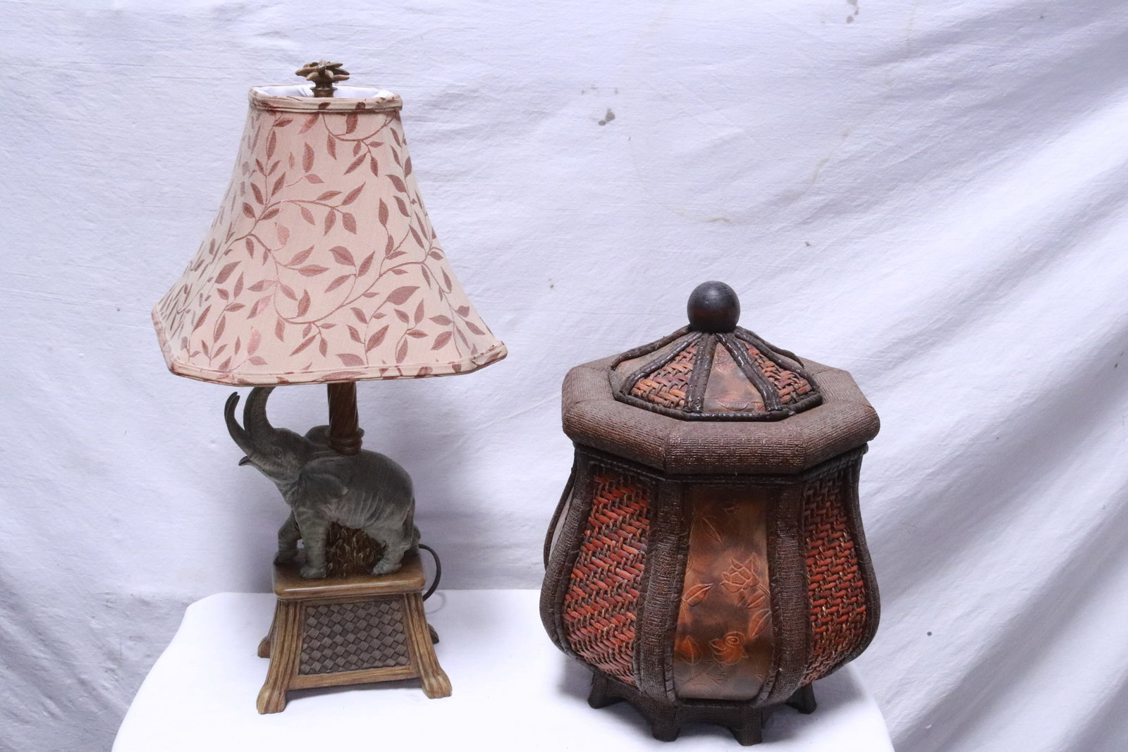 a bamboo weaved box, and a lamp: 2 pieces; a bamboo weaved box (15.7"x12.2"x12.2"), and a lamp with elephant motif base (22.7"H)