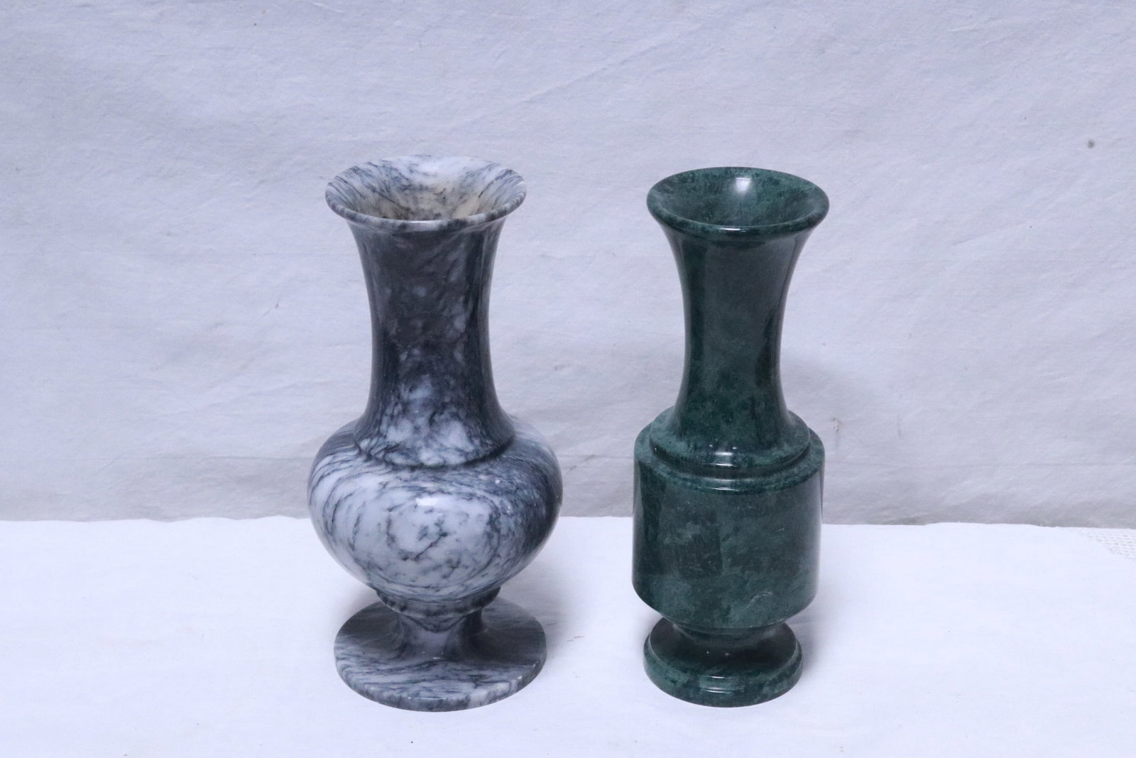 2 carved marble vases: 2 carved marble vases, 7.9"x3"dia, 8"x4"dia