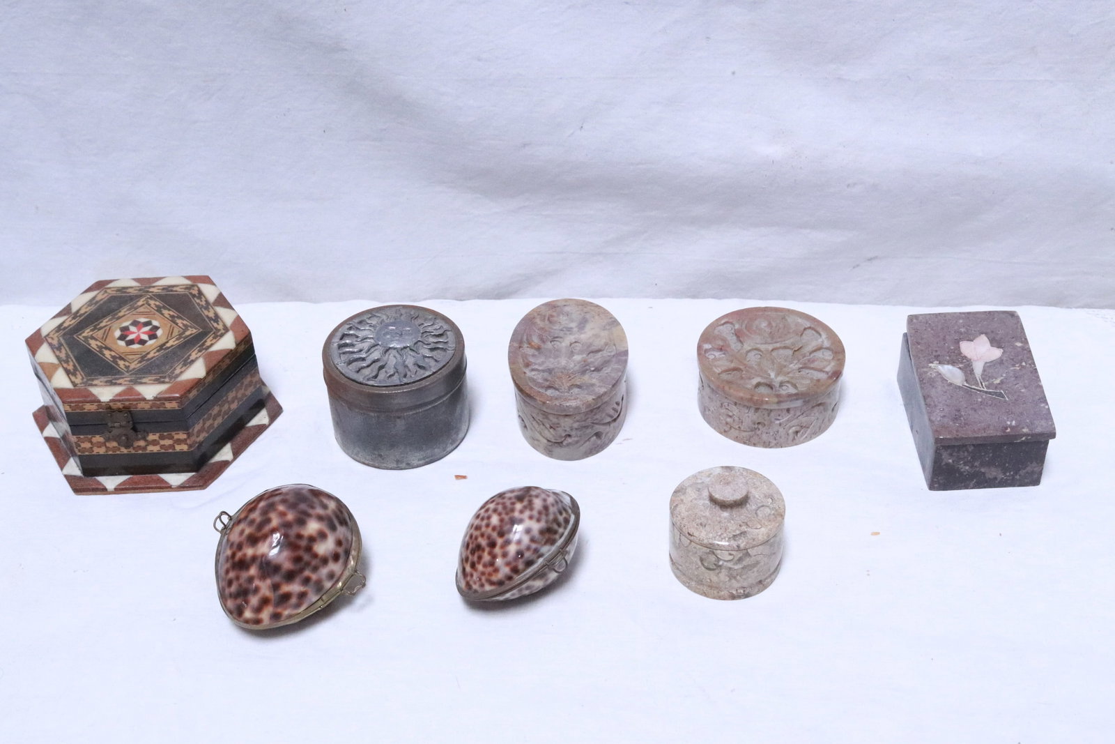 Lot of miniature boxes: Lot of miniature boxes, 1.75"x1.8"dia - 2"x3.9"x4.6"