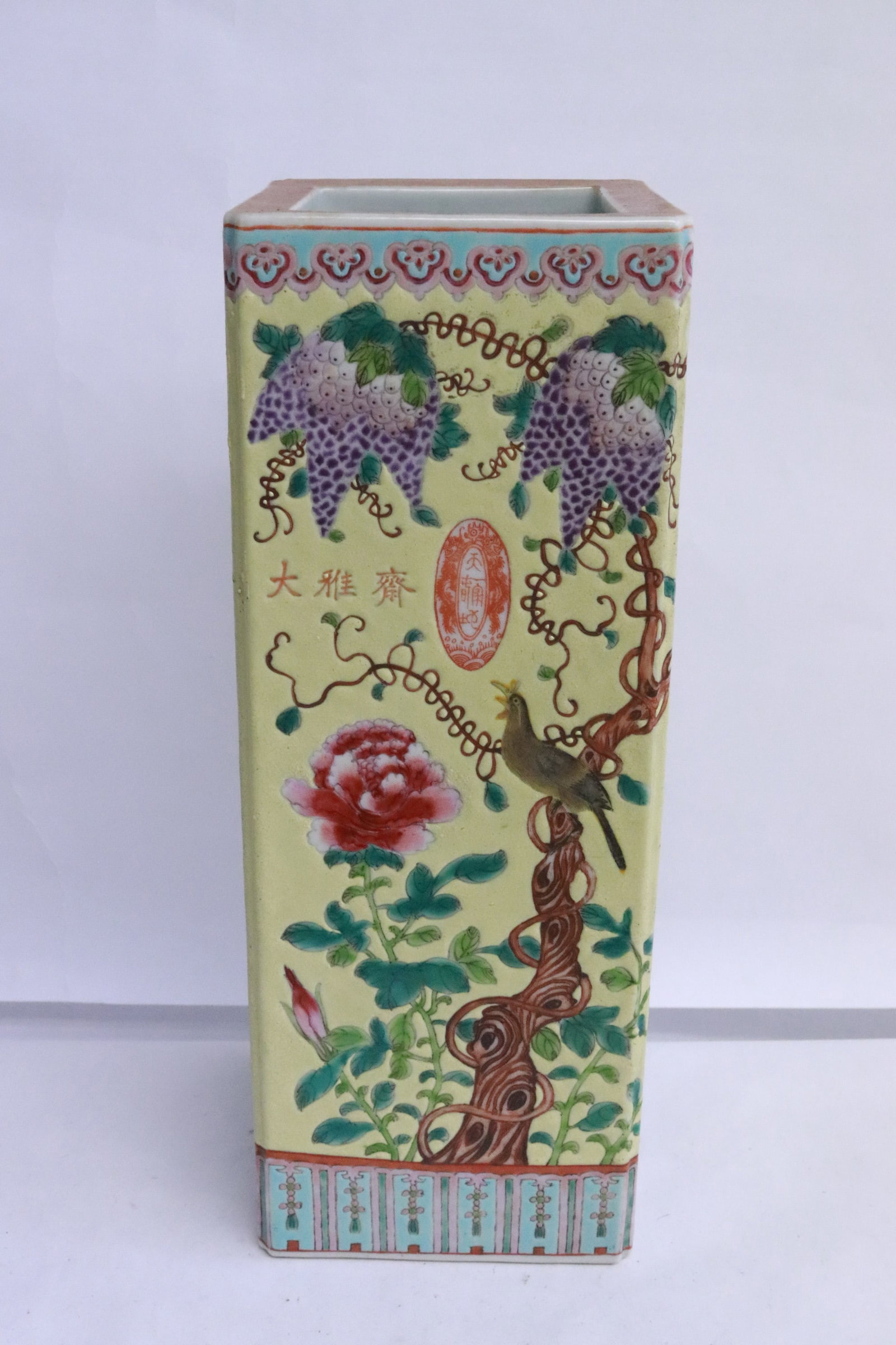Square famille rose porcelain hat vase: Square famille rose porcelain hat vase, 11.4"x4.3"x4.3"