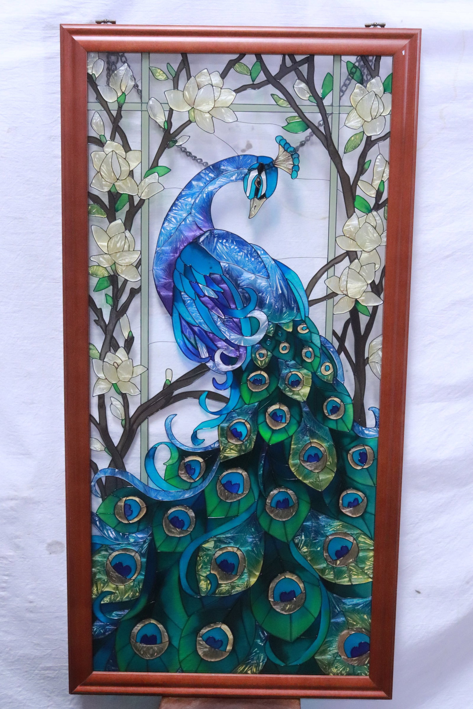 Beautiful art glass panel: Beautiful art glass panel with peacock motif decoration, 37"x17" (F:41"x20"x0.8")