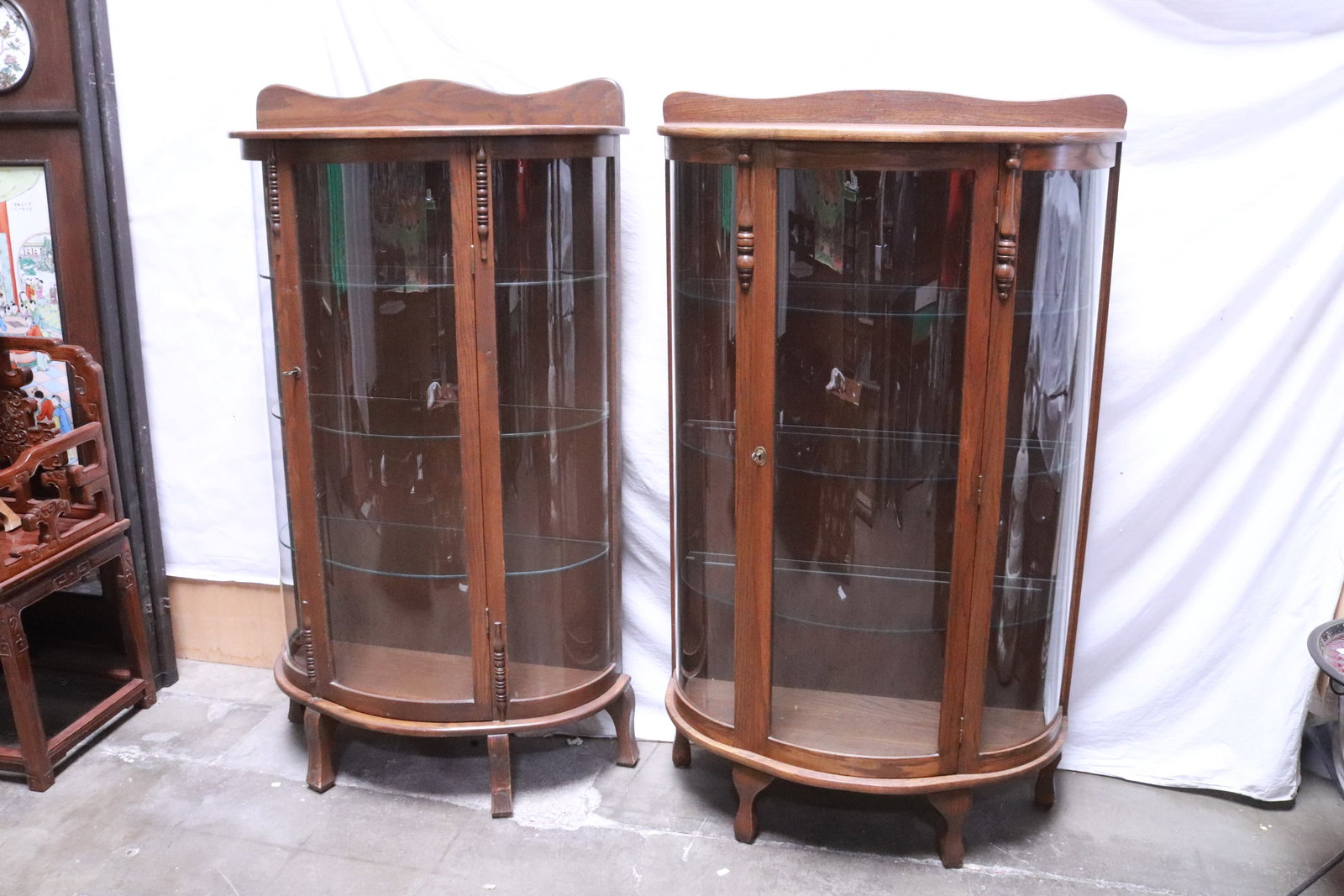 Pair oak bow front glass display cases: Pair oak bow front glass display cases, 59"x34.7"x14.3" ea