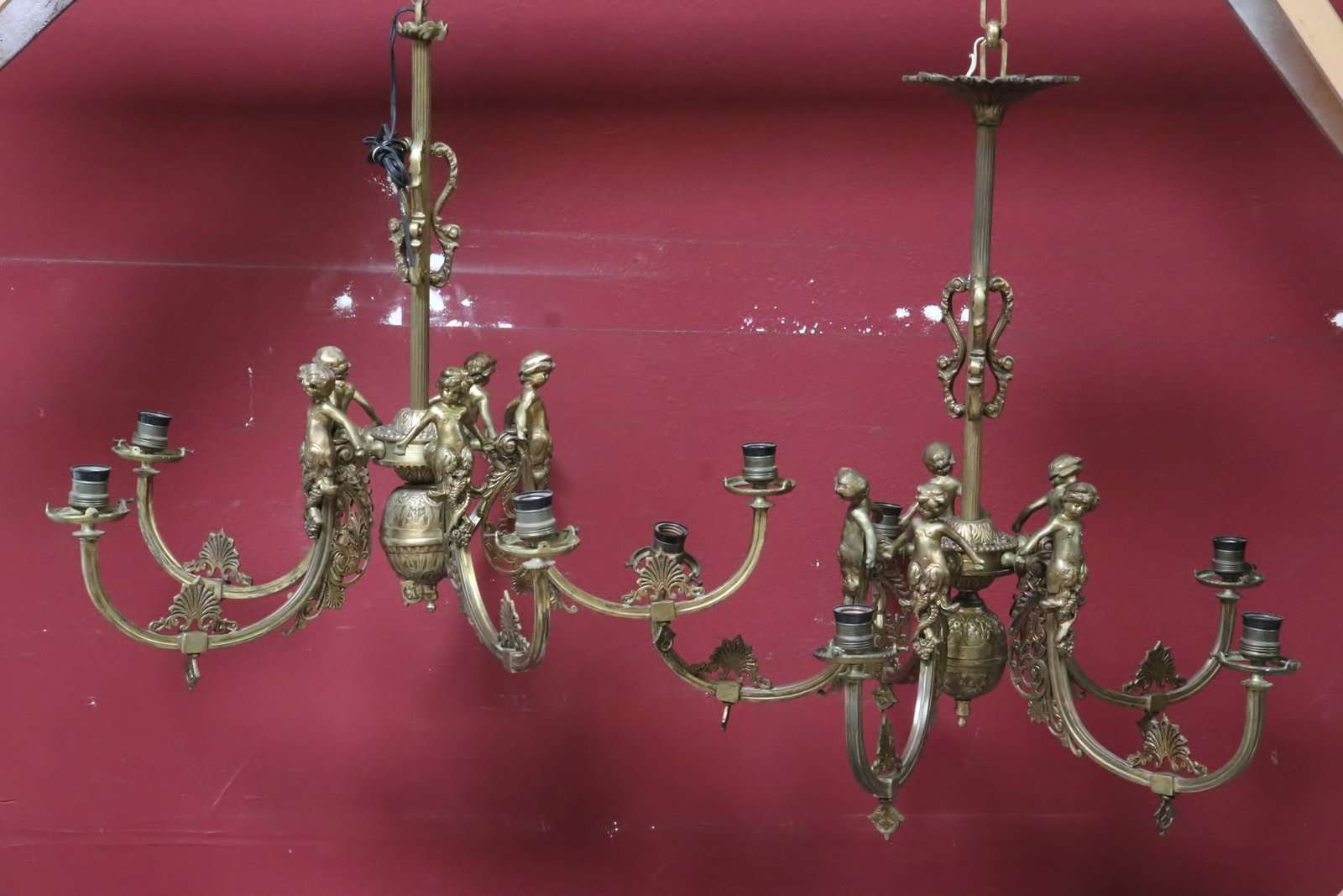 Pair antique European 5-light bronze chandeliers: Pair antique European 5-light bronze chandeliers with figures motif decoration (original gas lamps, electrified), 26.8"x29.5"dia ea