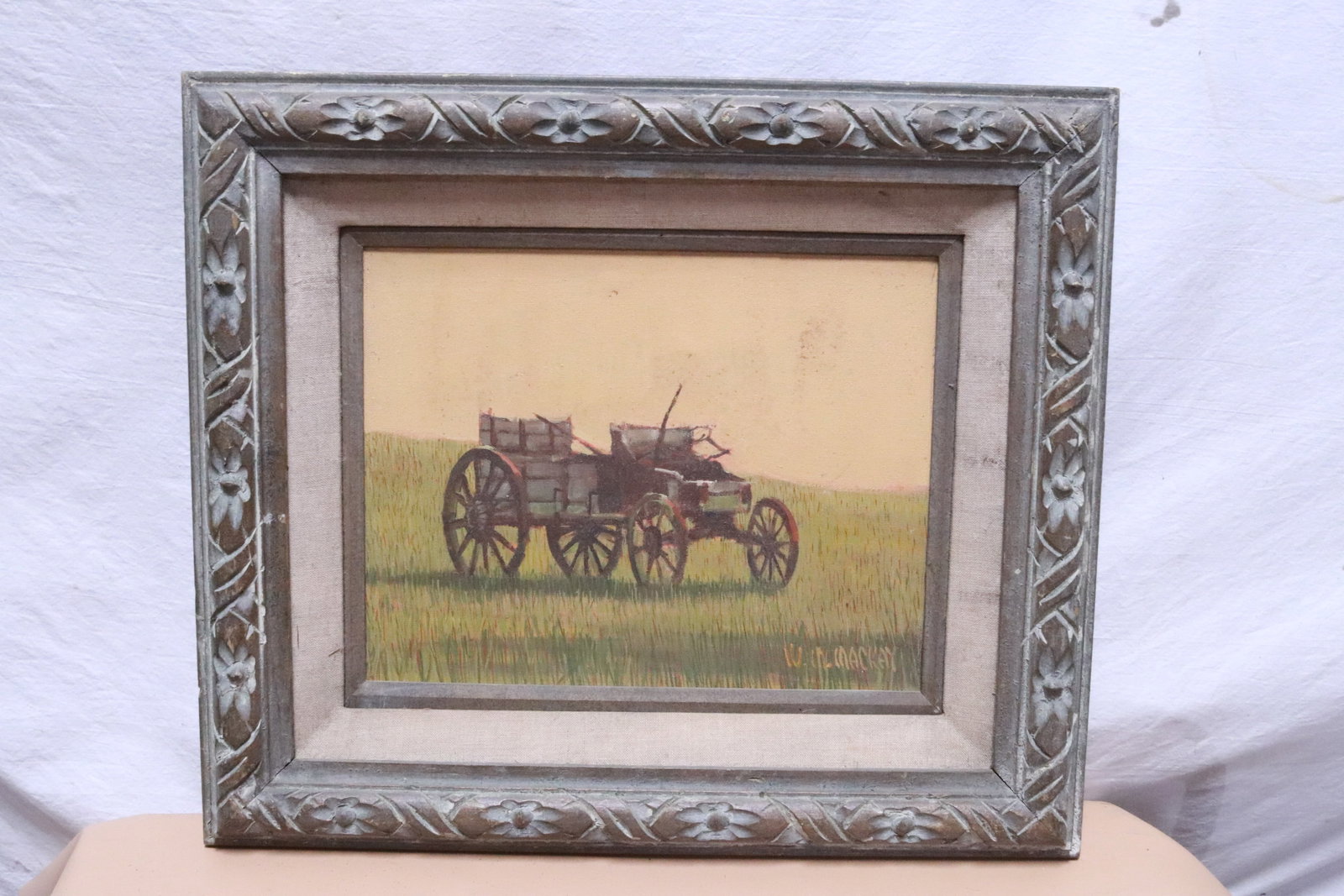 Oil on canvas depicting empty carriage, signed: Oil on canvas depicting empty carriage, signed, 10.4"x13.35" (F:18.3"x21.2"x2.6")