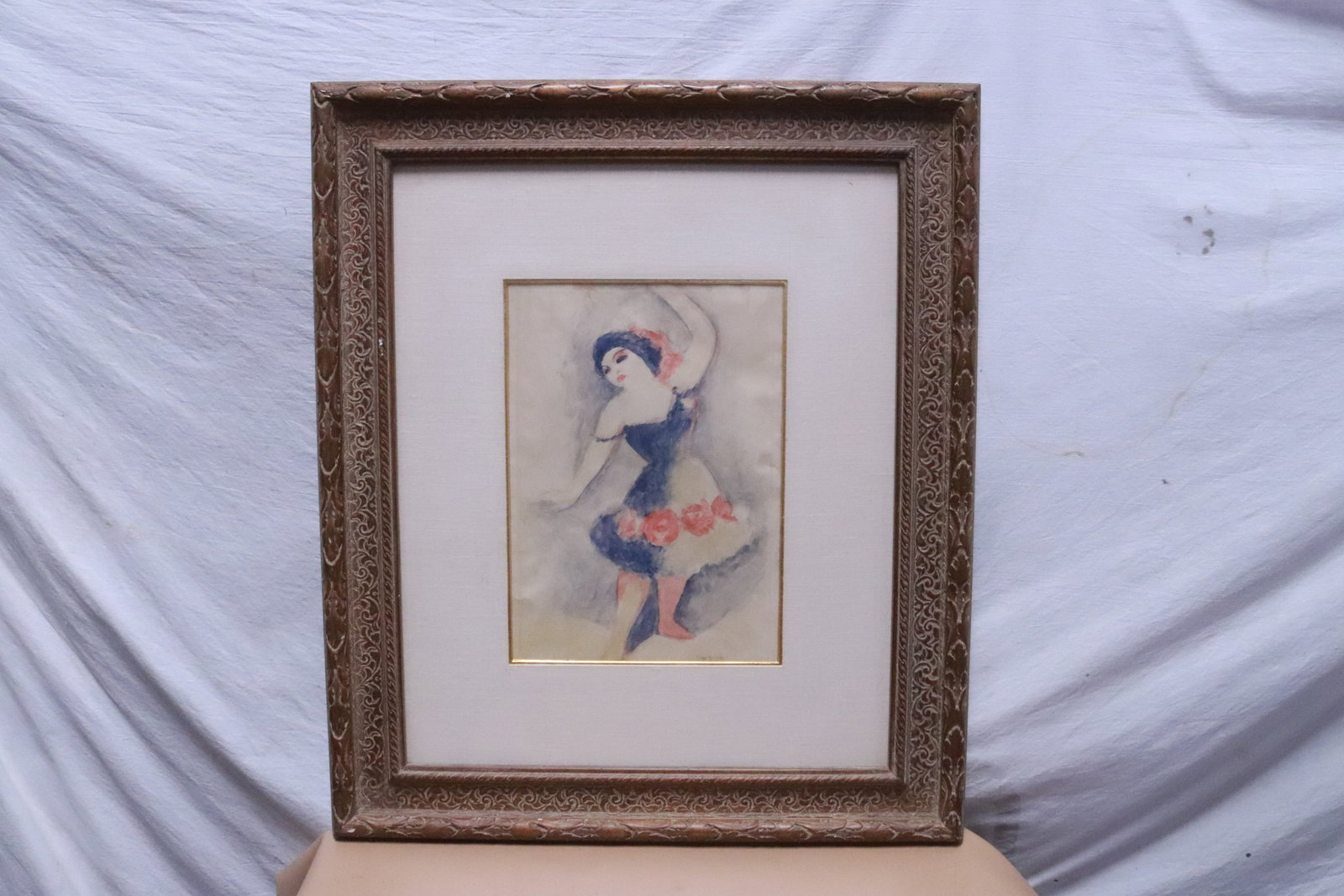 Watercolor "dancer" signed on bottom: Watercolor "dancer" signed on bottom, signature unreadable, 14.8"x10.5" (F:30"x25.65"x1.2")