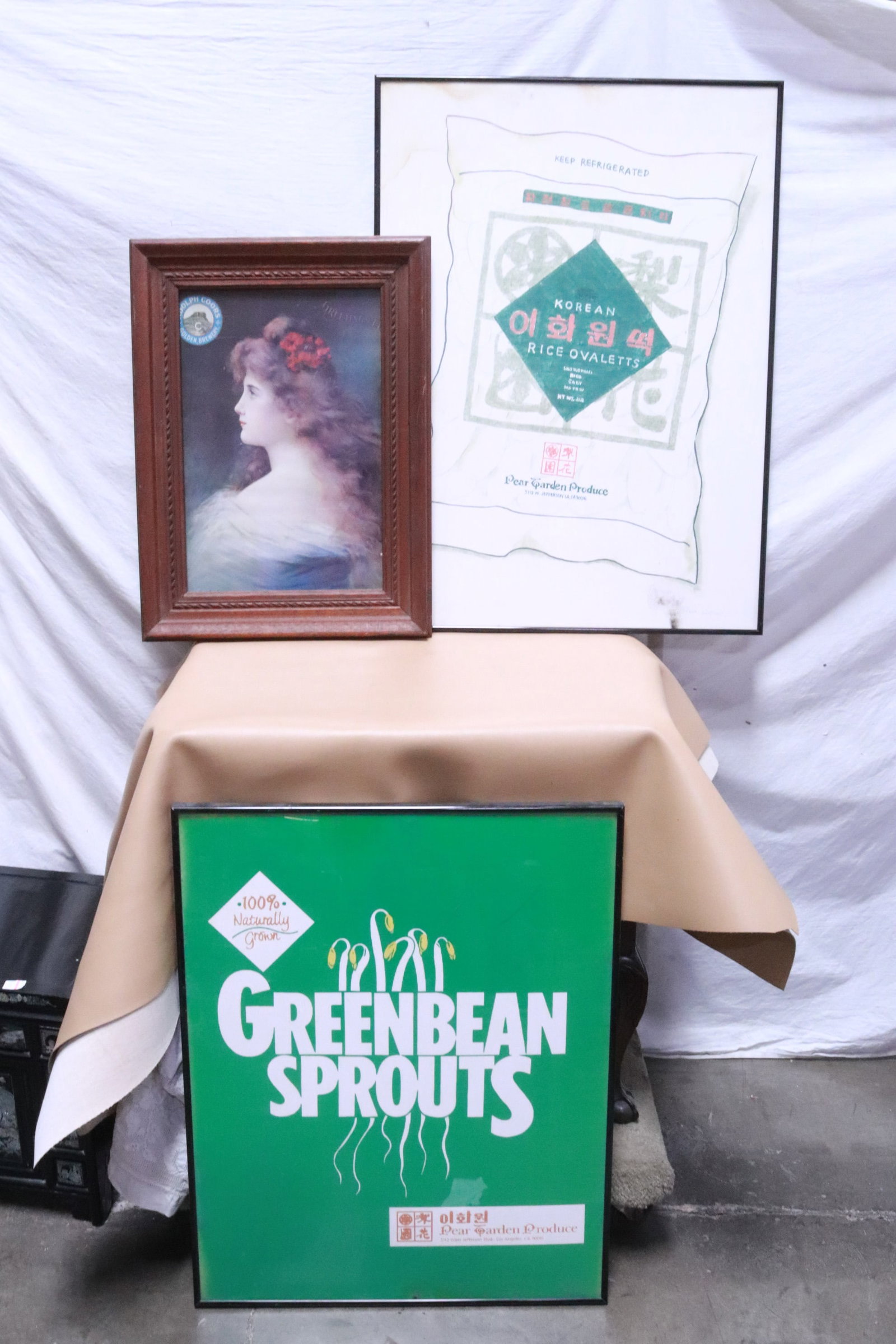 3 framed advertisement posters: 3 framed advertisement posters (17.8"x11.15" (F:24"x18"x1.7") - 32.35"x23.35" (F:33.3"x24.2"x0.8")); 2 for Korean product, and one for brewery
