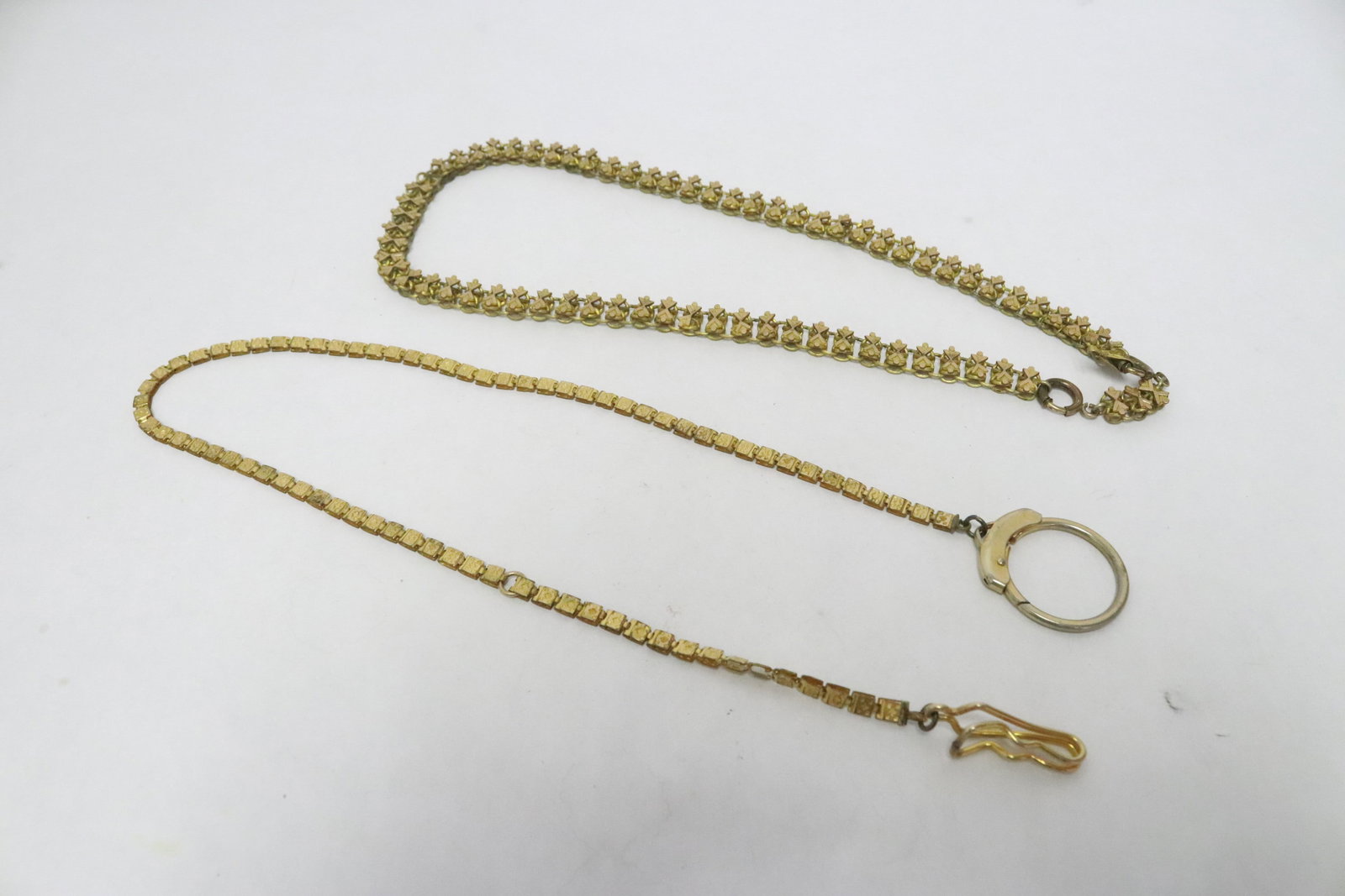a gold filled necklace, and a gold filled watch fob: 2 pieces Victorian jewelry; a gold filled necklace (20.6"L), and a gold filled watch fob (20.6"L)