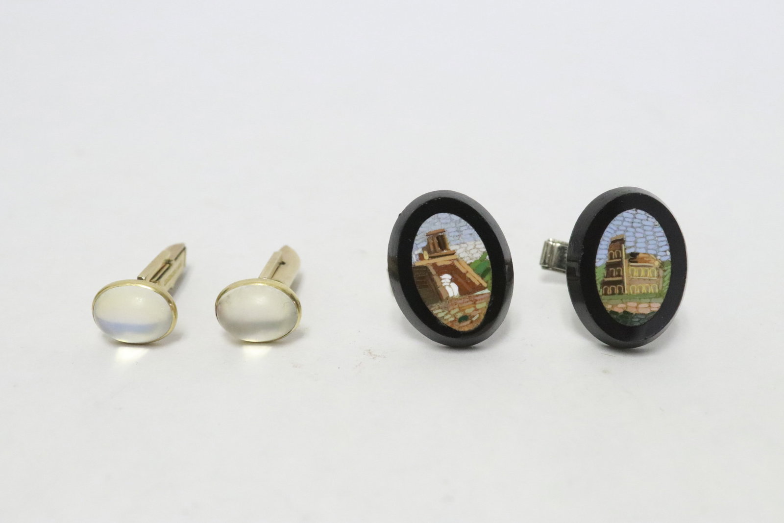 2 pairs cufflinks: 2 pairs cufflinks; one with micro mosaic (0.85"x0.68"), and one set with moonstones (0.5"x0.4")