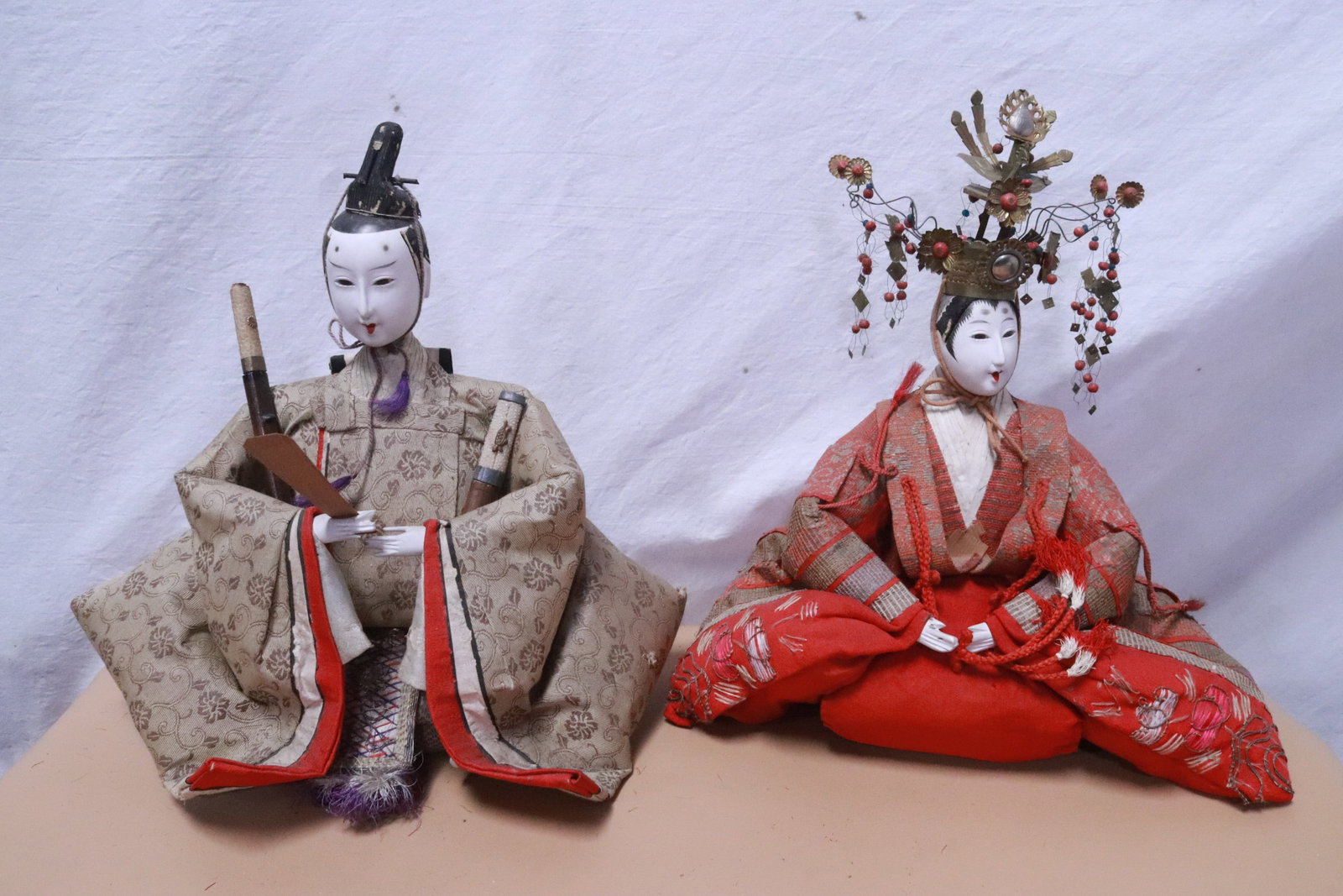 Pair Meiji period emperor and empress doll: Pair Meiji period emperor and empress doll, 12.3"H, 12.35"H