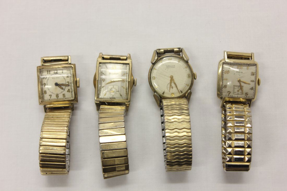 4 vintage man's wrist watches: 4 vintage man's wrist watches; 2 Bulova, one Elgin and one Gruen precision