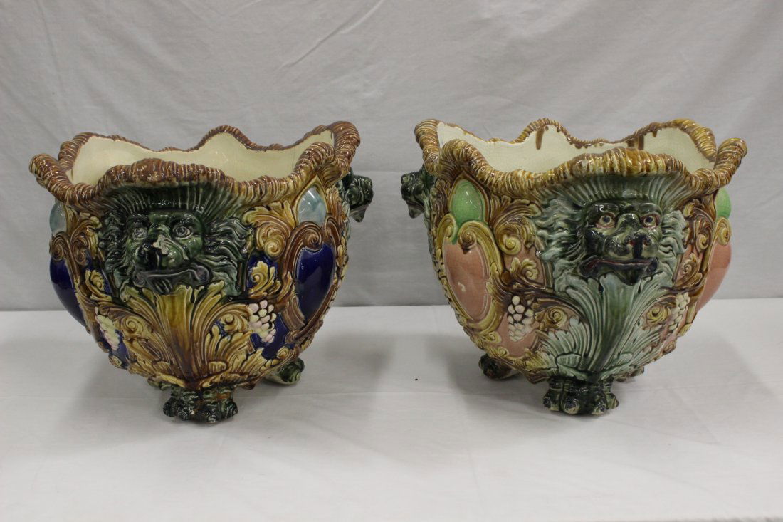 Pair Italian antique majolica planters: Pair Italian antique majolica planters, the handles in lion head motif (crazing, chips), 14.5"Hx19.5"x18.5" each
