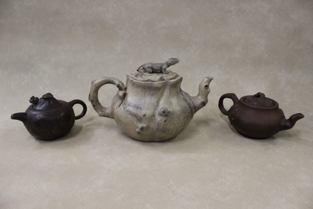 3 Chinese Yixing clay teapots: 3 Chinese Yixing clay teapots, 6.5"Hx10.8"x7.2", 3.6"Hx7.7"x4.8", 3.6"Hx6.7"x4.3"