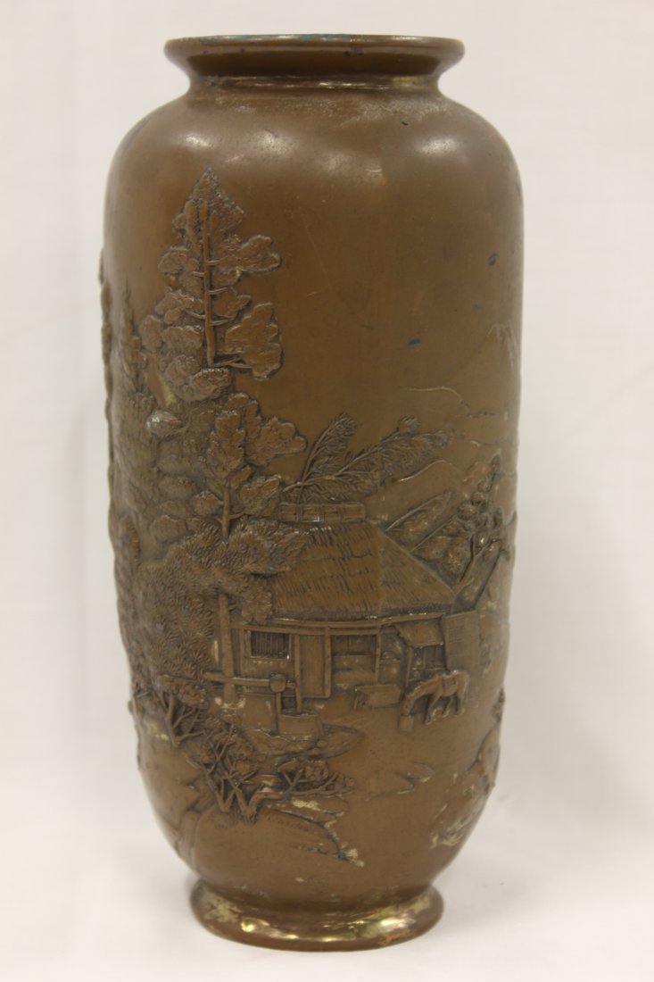 Japanese antique copper vase: Japanese antique copper vase decorated with landscape with farmer, 6.9"Hx3.2"dia