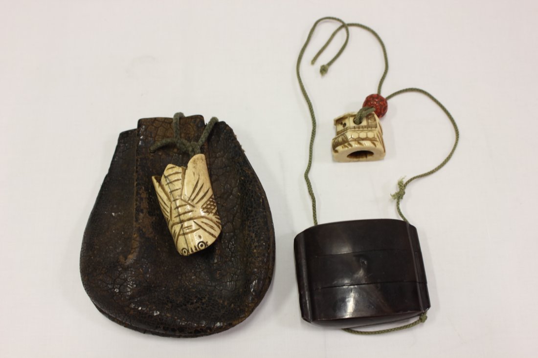 Japanese antique lacquer inro & an antique pouch: Japanese antique lacquer 3-section inro (2.3"x2.7"x0.85") with bone carved final (1.25"x1.05"x0.7") and an antique cinnabar ojimi bead (0.65"dia), and an antique leather tobacco pouch (5.15"x4.3") wit