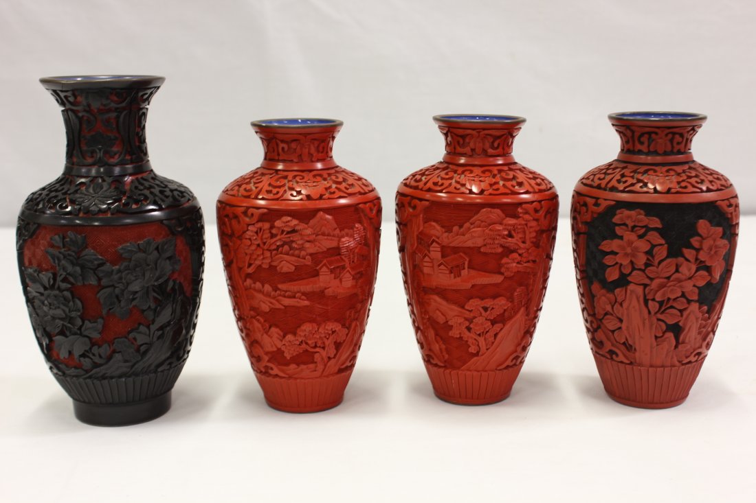 4 Chinese cinnabar vases: 4 Chinese cinnabar vases, 6"Hx3.2"dia(3), 6.95"Hx3.5"dia