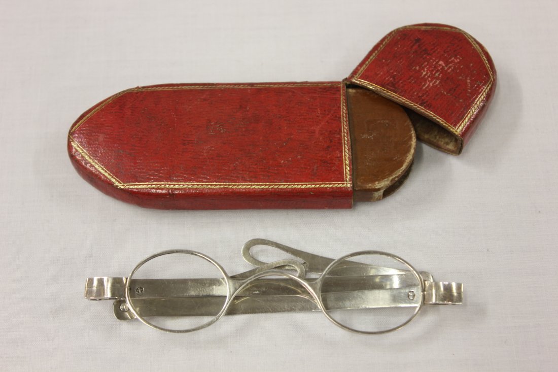 English George III sterling spectacles: Rare English George III (Birmingham) sterling silver spectacles (4.5"Wx6.2"), Circa 1802 by Joseph Willmore,