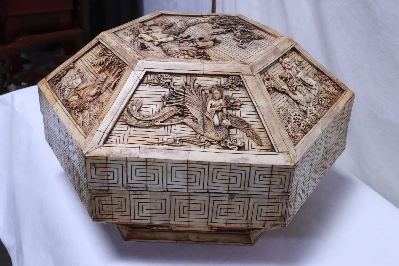 Chinese bone carved large hexagonal box - 6