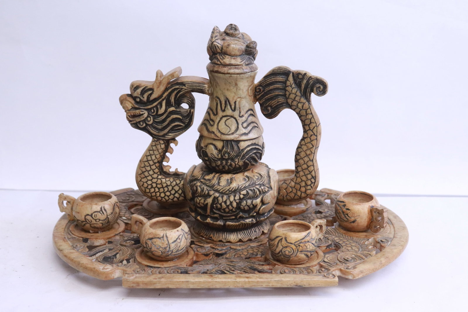 2 stone carved tea sets - 4