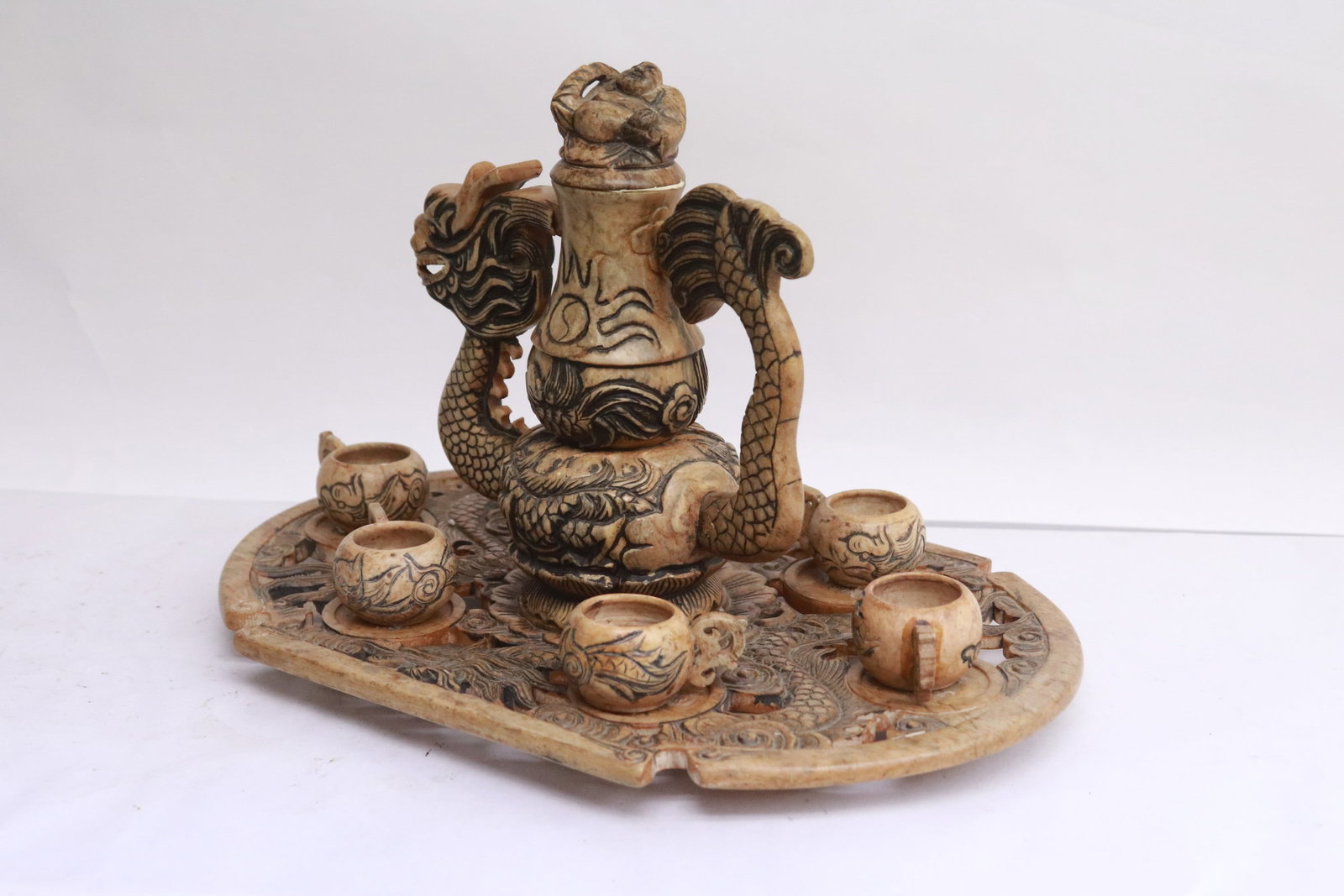 2 stone carved tea sets - 5