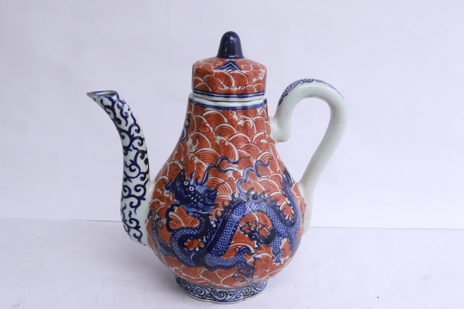 Large Chinese blue, red & white porcelain teapot (1 of 8)