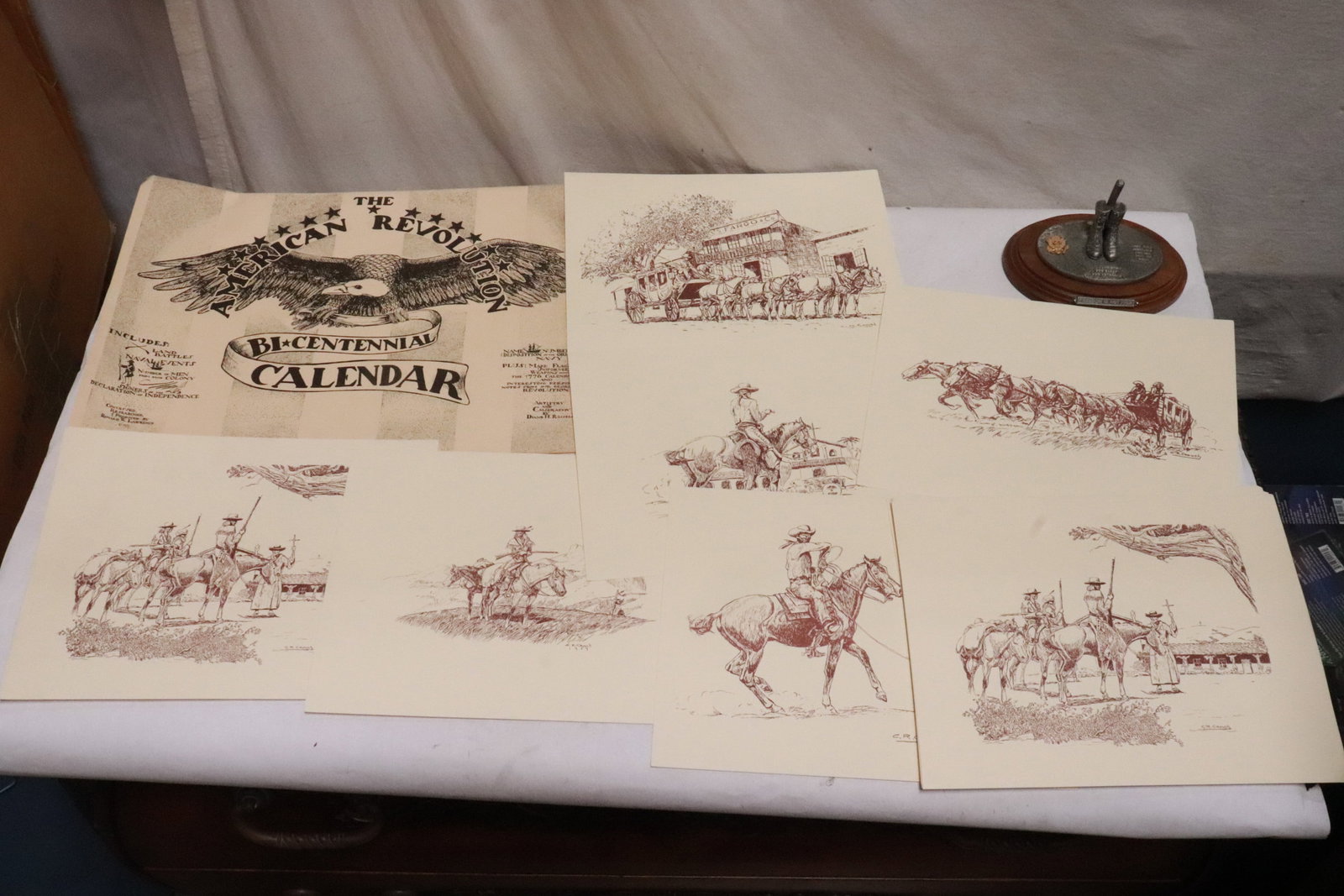 lot of misc.: Bicentennial calendar, 17 Western scene etchings by Charles R. Crouch, 8.5"x11" - 12"x15.8"