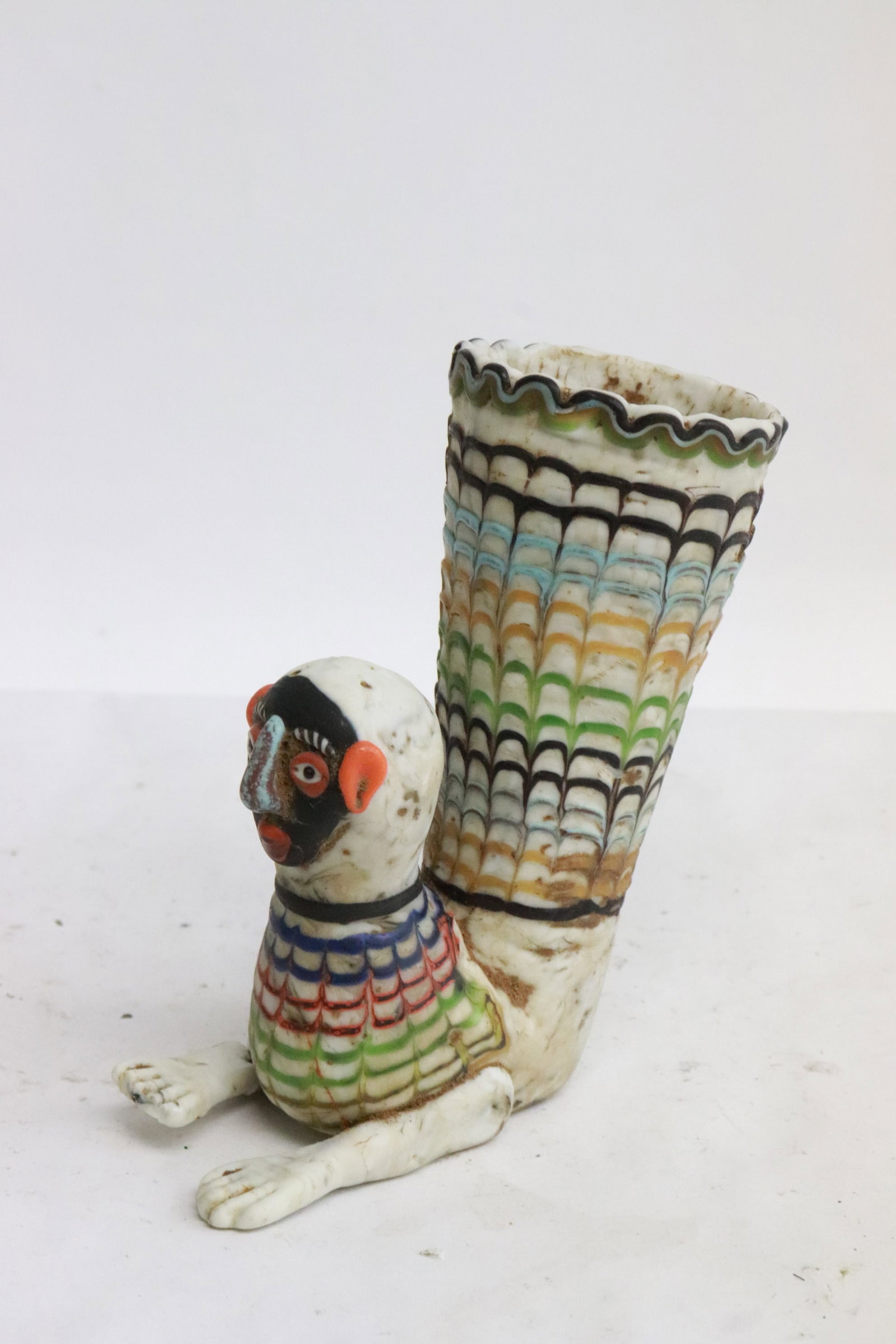 Vintage Phoenician Mosaic glass Rhyton vessel: Vintage Phoenician Mosaic glass Rhyton vessel, one leg has damage, 4.4"x4.15"x1.85"