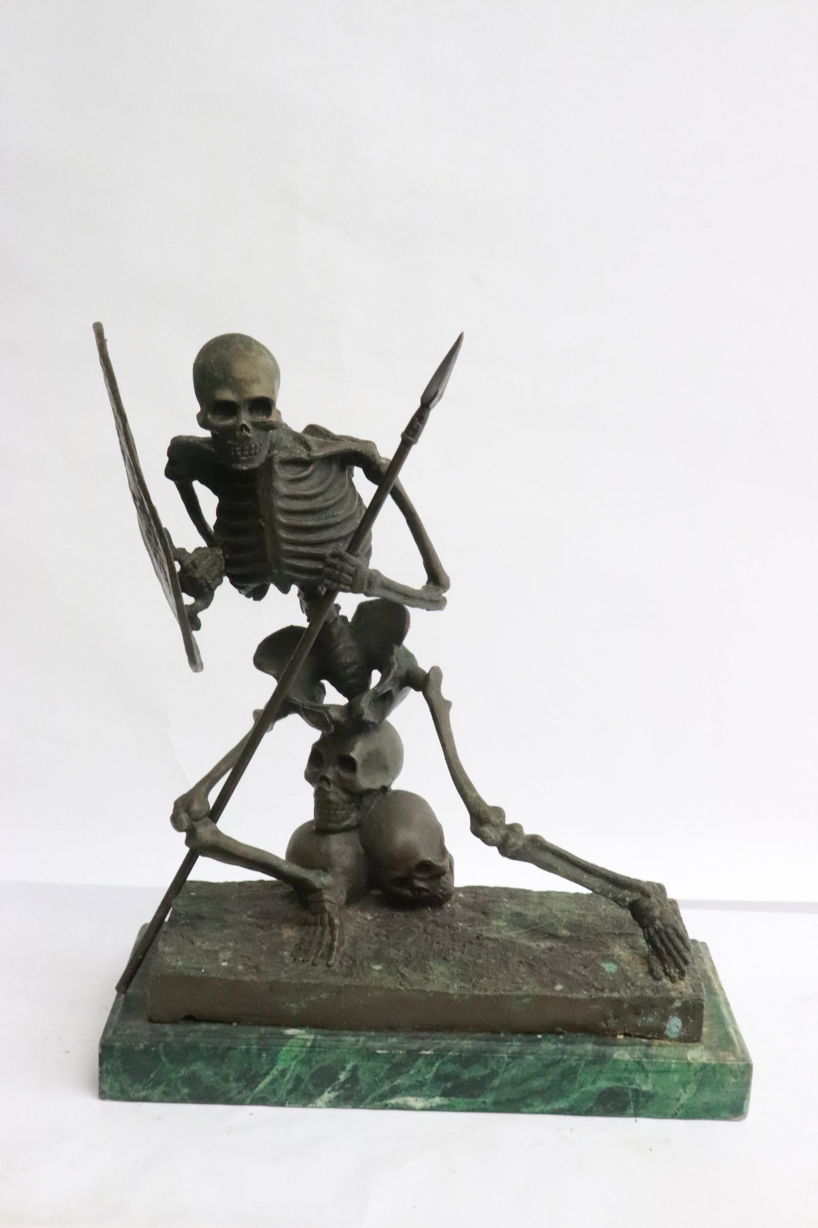 Unusual bronze sculpture of skeleton warrior: Unusual bronze sculpture of skeleton warrior, 12.3"H