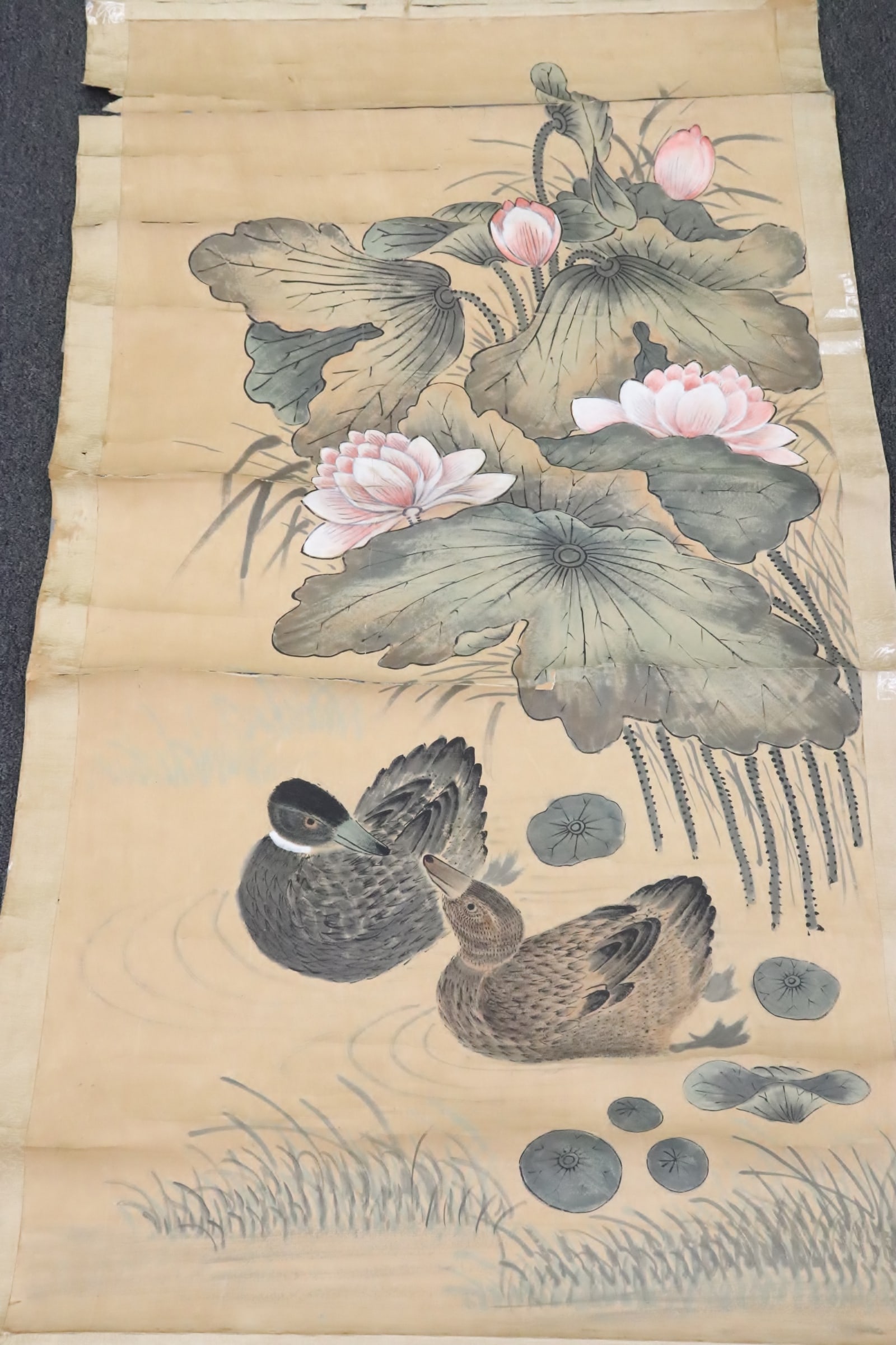 Chinese antique watercolor scroll: Chinese antique watercolor scroll, damage and repair, 47.5"x23.7