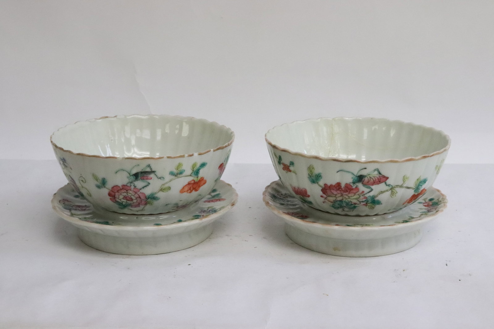 Pair Chinese antique porcelain bowls w/ underplate (1 of 10)