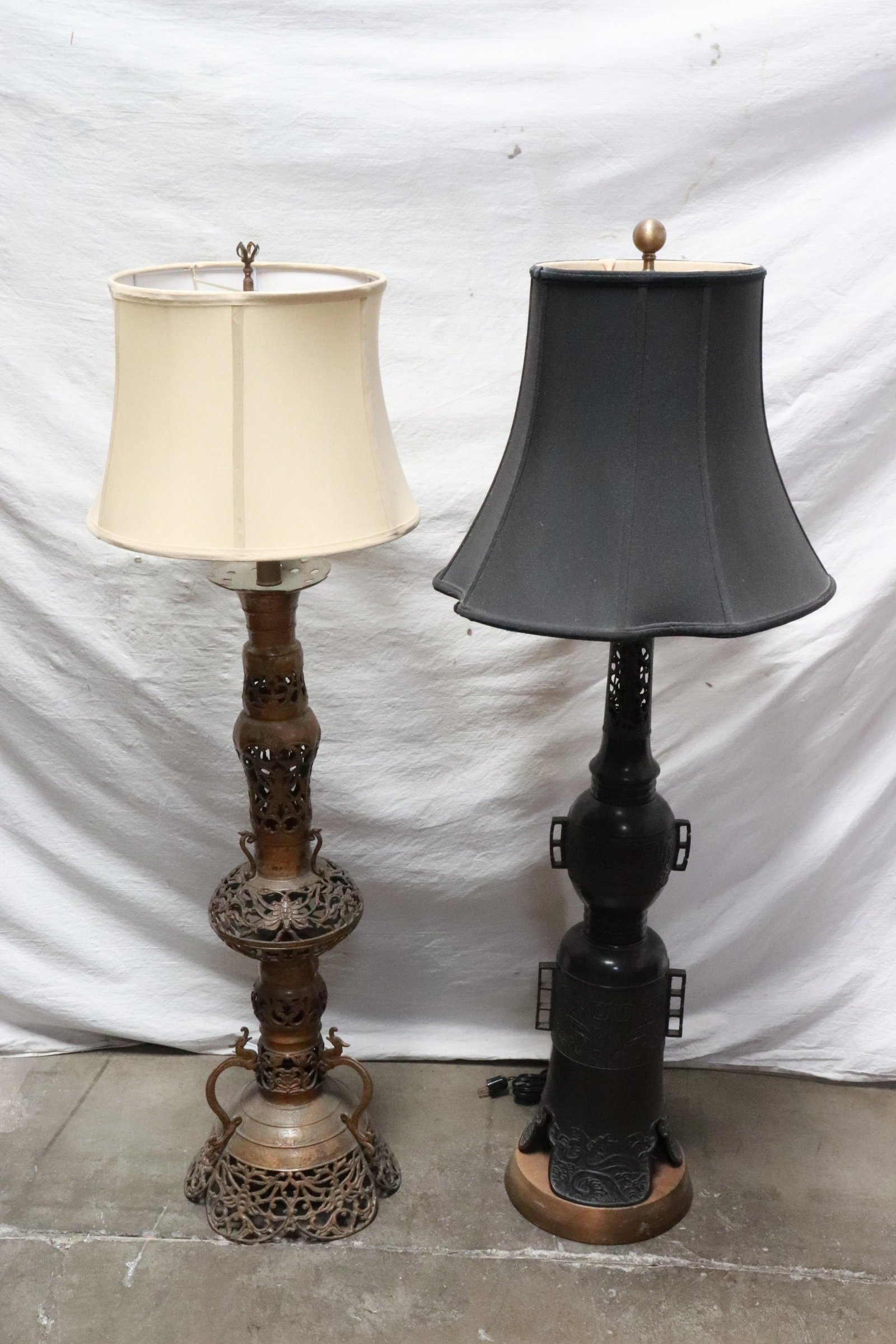 2 Japanese 19th c. bronze floor candle holders made as lamps: 2 Japanese 19th century bronze floor candle holders made as lamps, 48.6"H, 50"H
