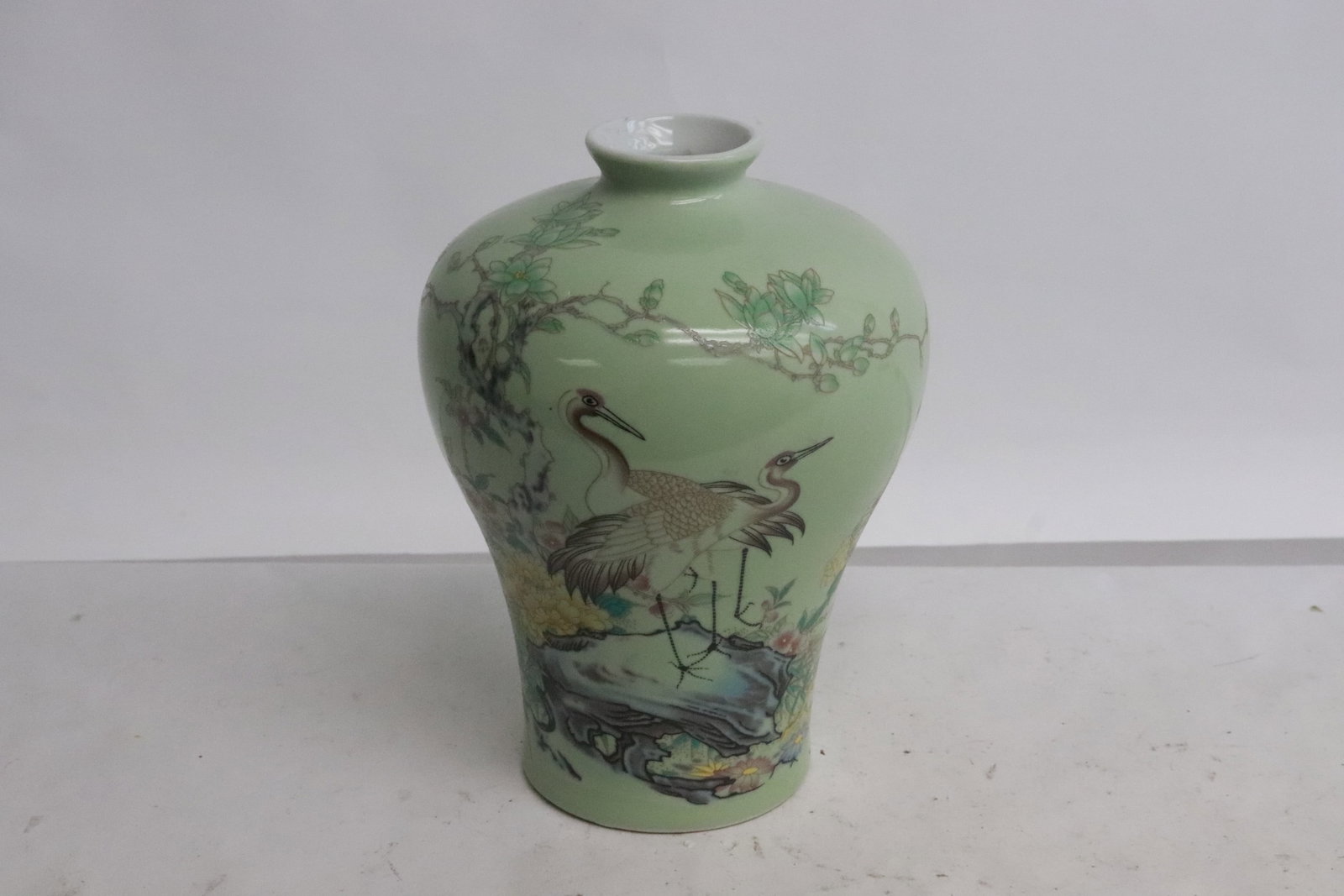 Celadon background famille rose meiping: Celadon background famille rose meiping, 6.2"x4.6"dia