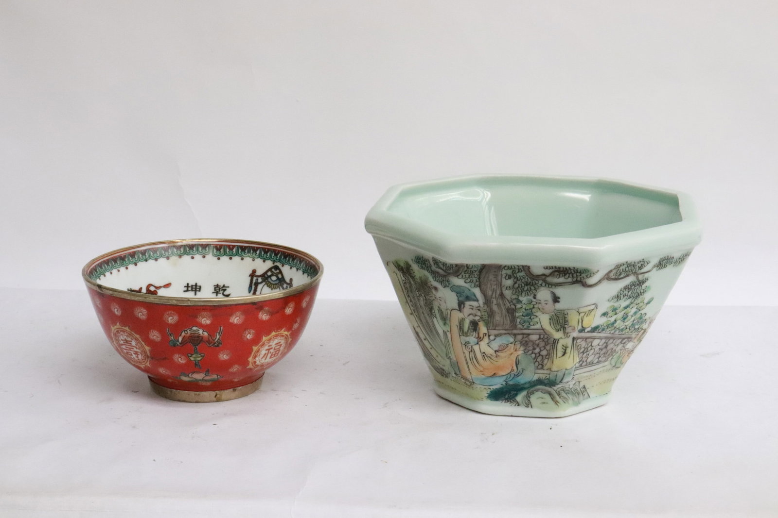2 porcelain pieces: 2 pieces; an enamel on porcelain bowl (2.5"x4.5"dia), and a famille rose porcelain planter (3.8"x6.2"x6.2")