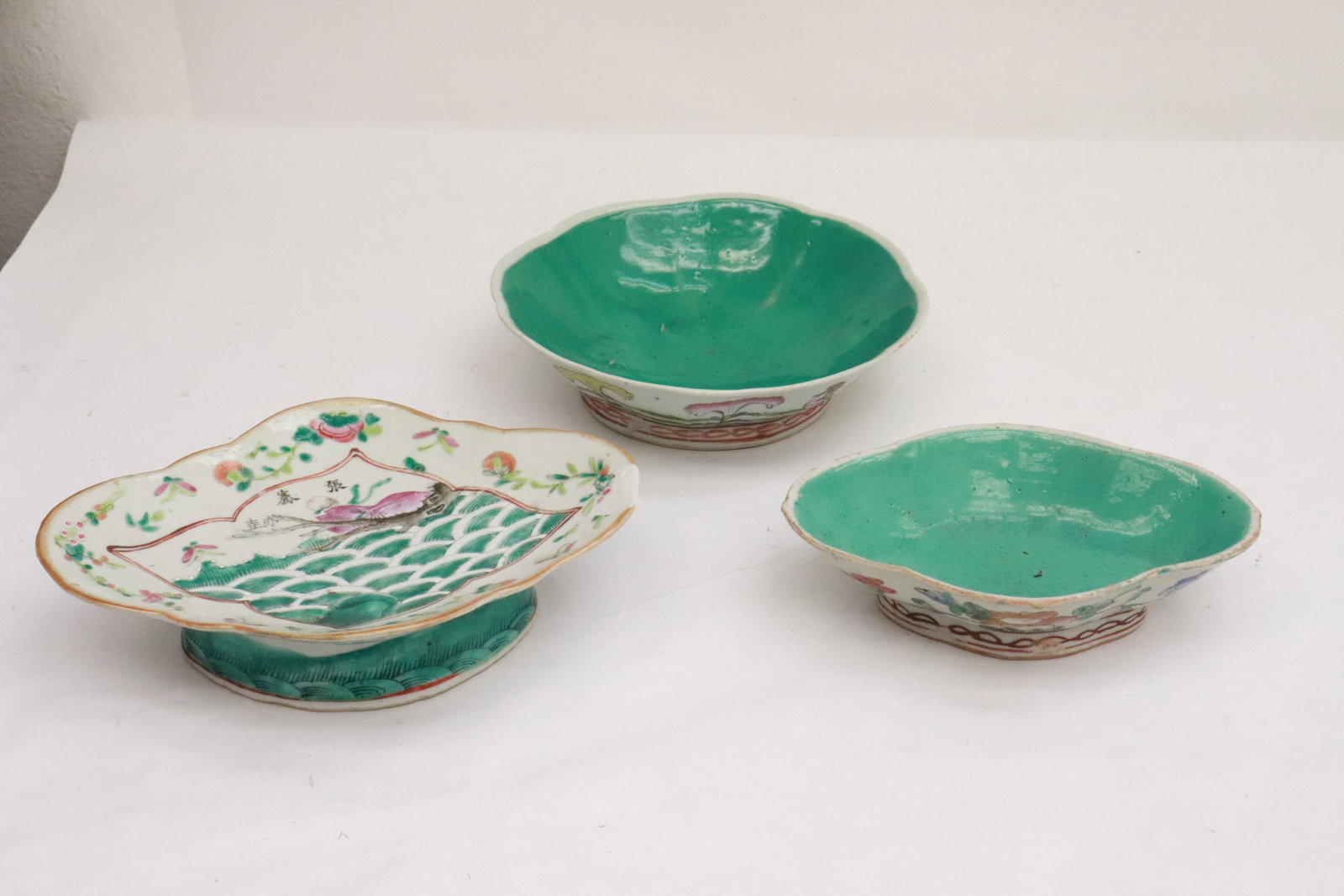 3 antique famille rose porcelain plates/ bowls: 3 antique famille rose porcelain plates/ bowls, 2.1"x7.4"x5.15" - 2.3"x8.2"dia
