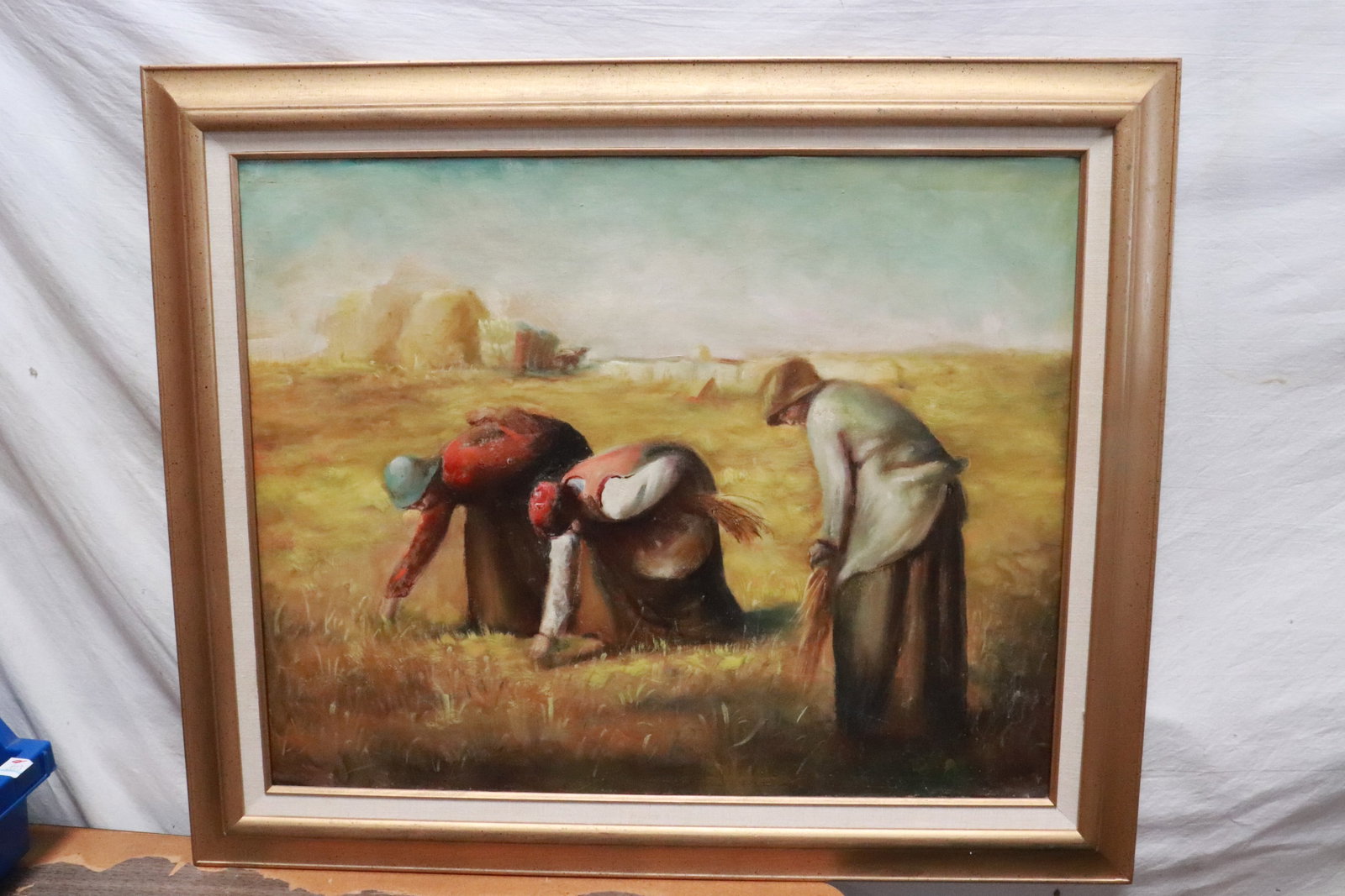 Oil on canvas painting: Oil on canvas painting depicting harvest scene, not signed, 23.5"x29.4" (F:30.3"x36.4"x1.15")